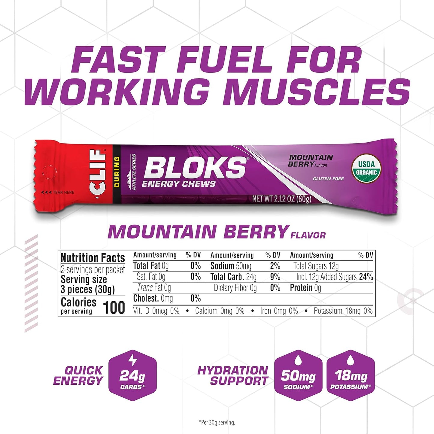 CLIF BLOKS Mountain Berry Energy Chews - Non-GMO Plant Based Fuel for Cycling & Running - Fast Carbs & Electrolytes - 2.12 oz (18 Count)