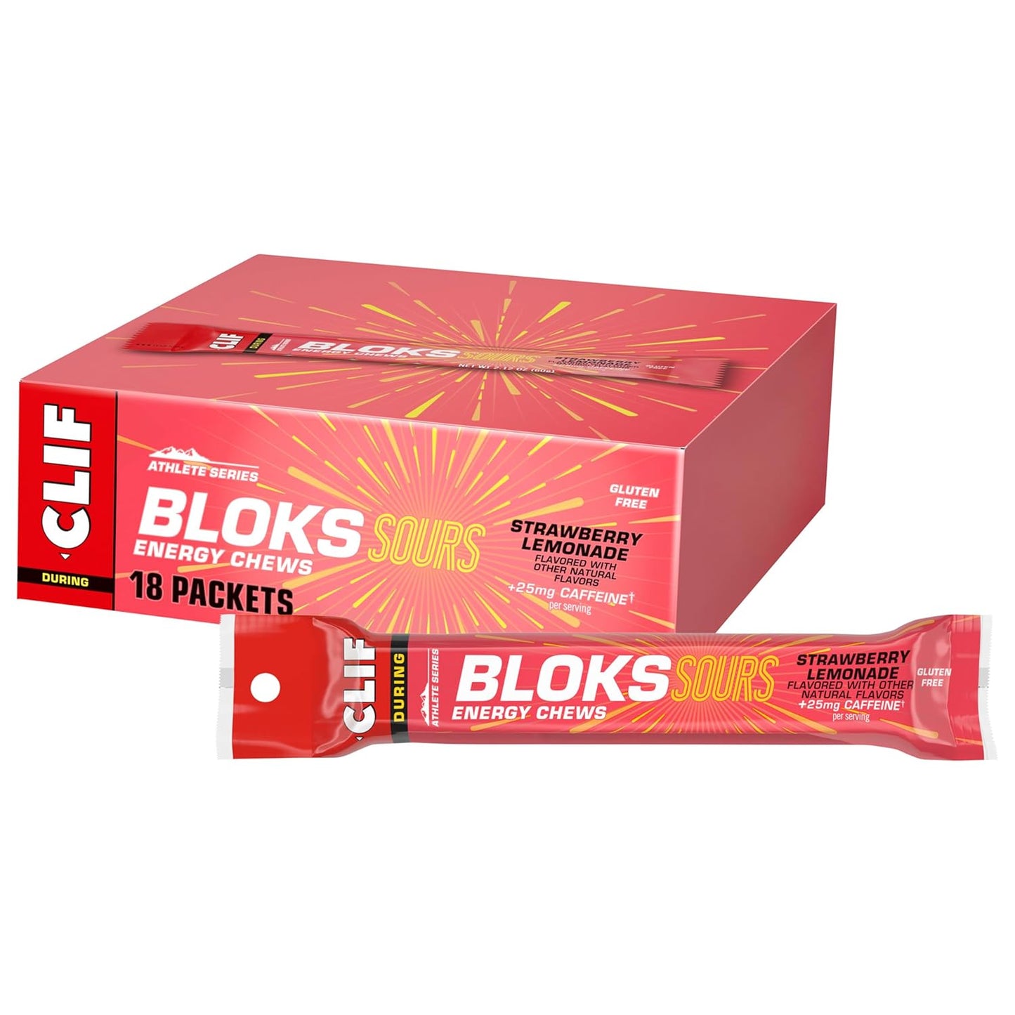Clif Bloks Sours Strawberry Lemonade Caffeinated Energy Chews - Non-GMO, Plant Based Fuel for Cycling and Running - 18 Count