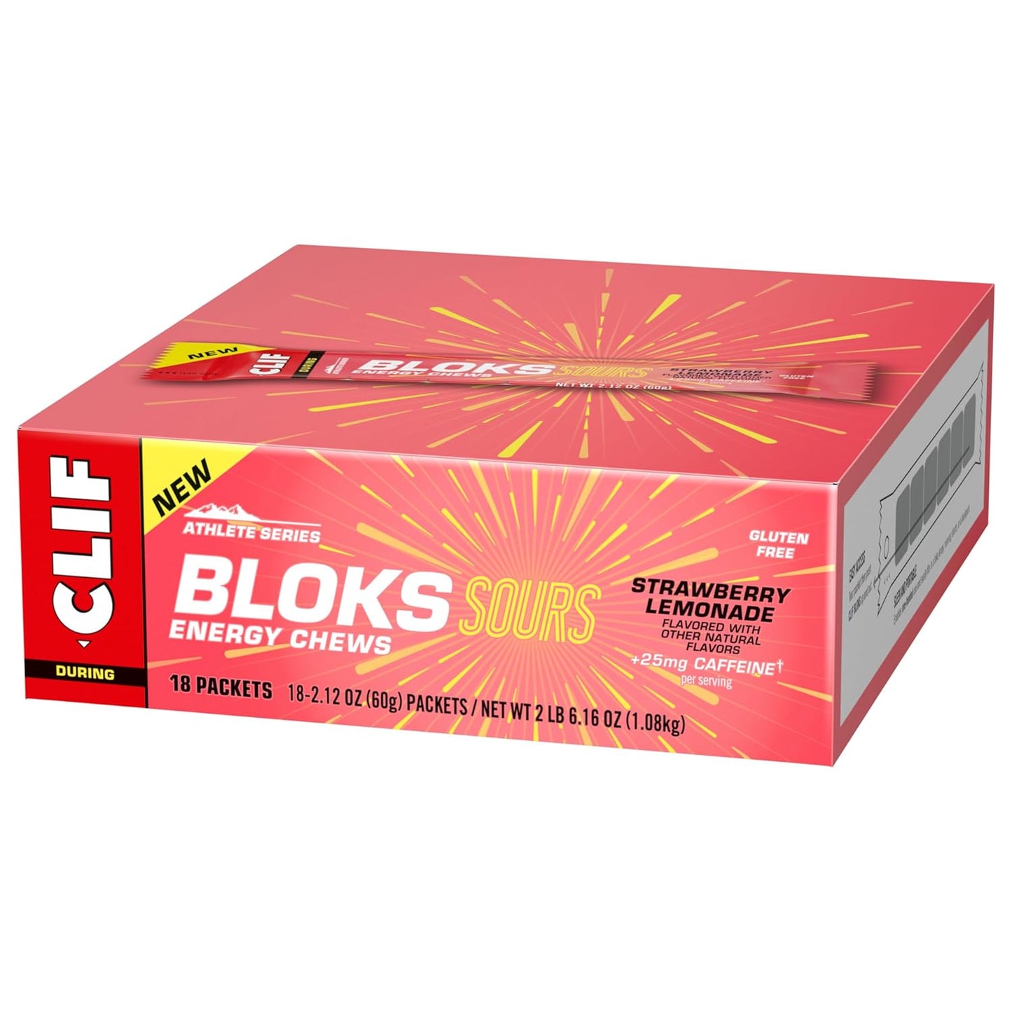 Clif Bloks Sours Strawberry Lemonade Caffeinated Energy Chews - Non-GMO, Plant Based Fuel for Cycling and Running - 18 Count