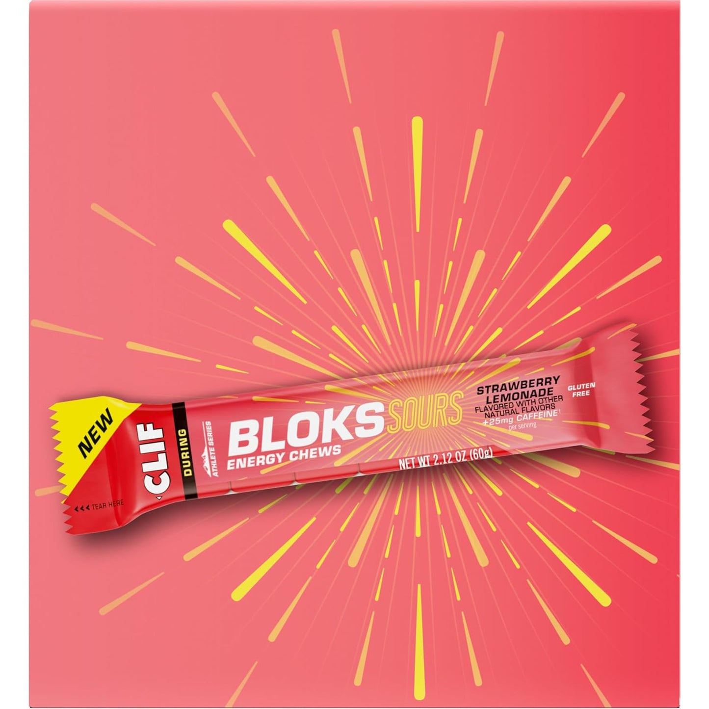 Clif Bloks Sours Strawberry Lemonade Caffeinated Energy Chews - Non-GMO, Plant Based Fuel for Cycling and Running - 18 Count