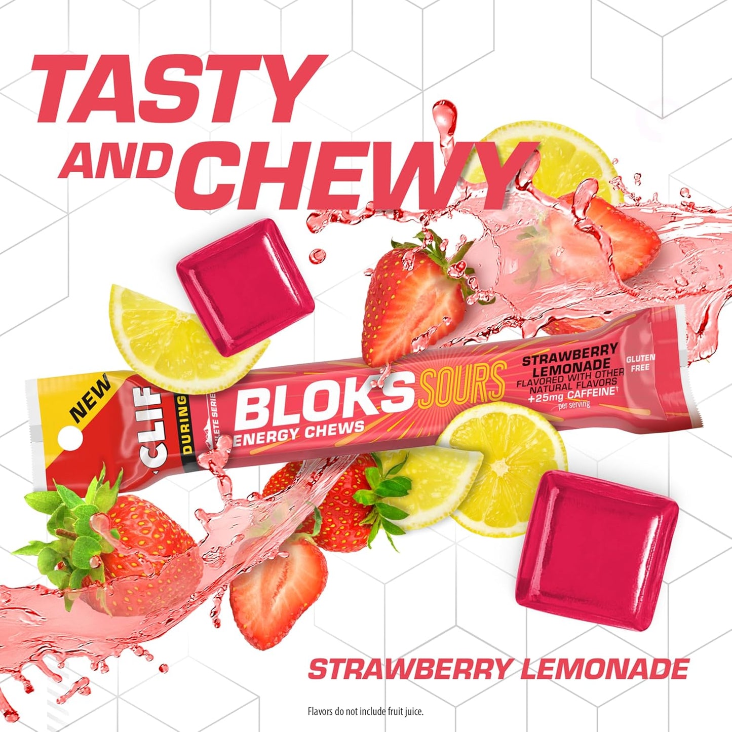 Clif Bloks Sours Strawberry Lemonade Caffeinated Energy Chews - Non-GMO, Plant Based Fuel for Cycling and Running - 18 Count