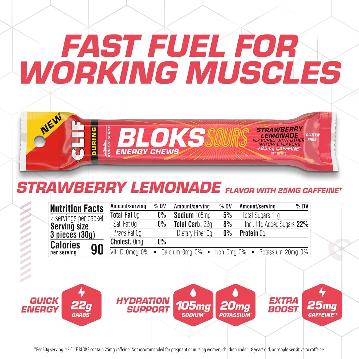 Clif Bloks Sours Strawberry Lemonade Caffeinated Energy Chews - Non-GMO, Plant Based Fuel for Cycling and Running - 18 Count