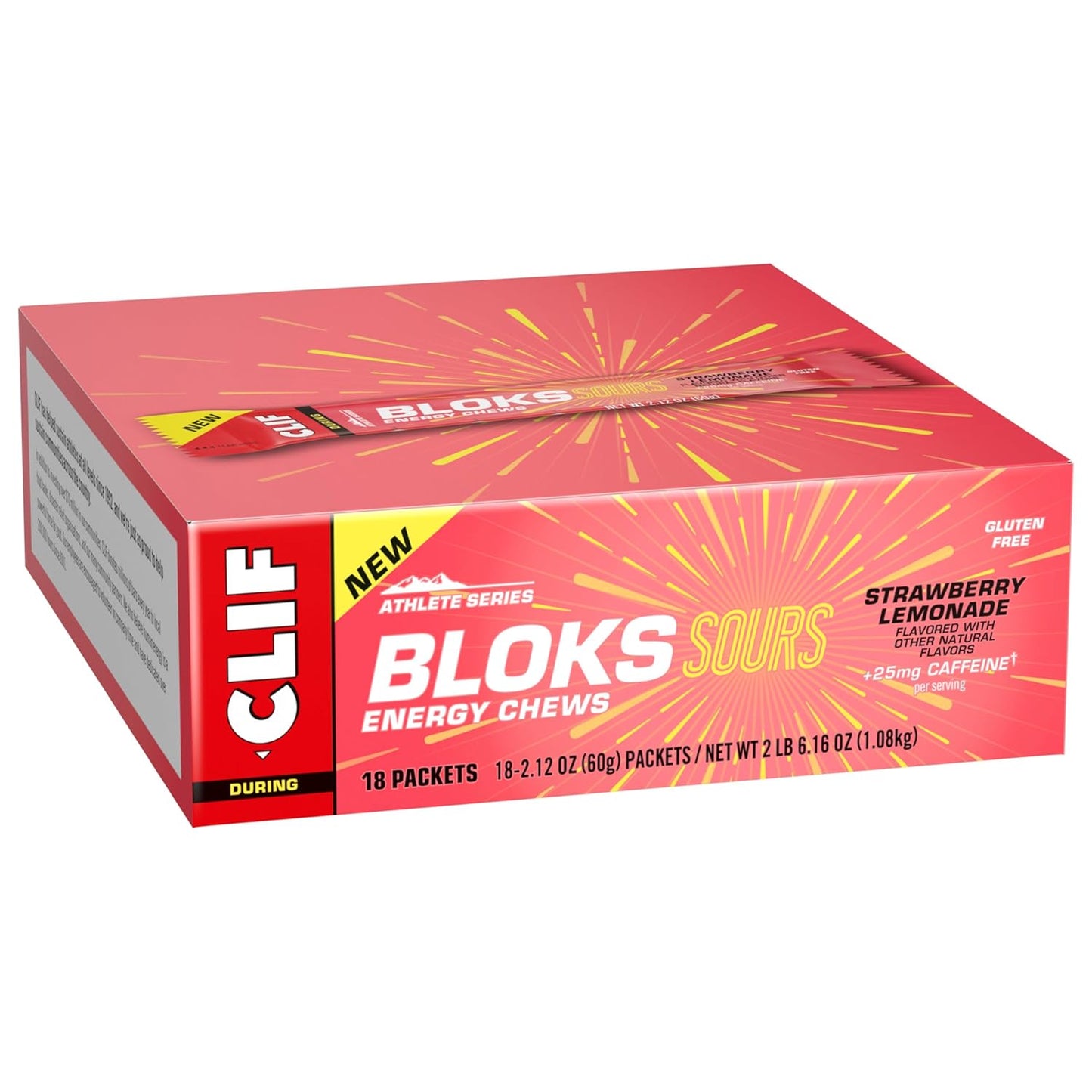 Clif Bloks Sours Strawberry Lemonade Caffeinated Energy Chews - Non-GMO, Plant Based Fuel for Cycling and Running - 18 Count