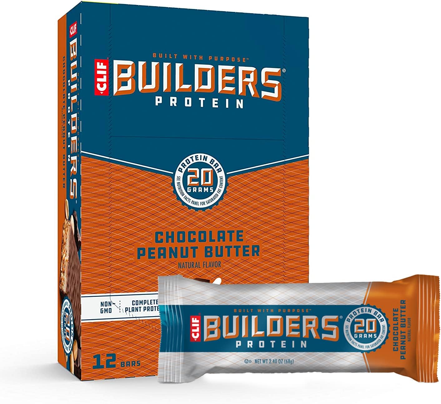 CLIF BUILDERS Protein Bars - Chocolate Peanut Butter Flavor - 20g Protein - 2.4oz, 12 Count - Gluten Free