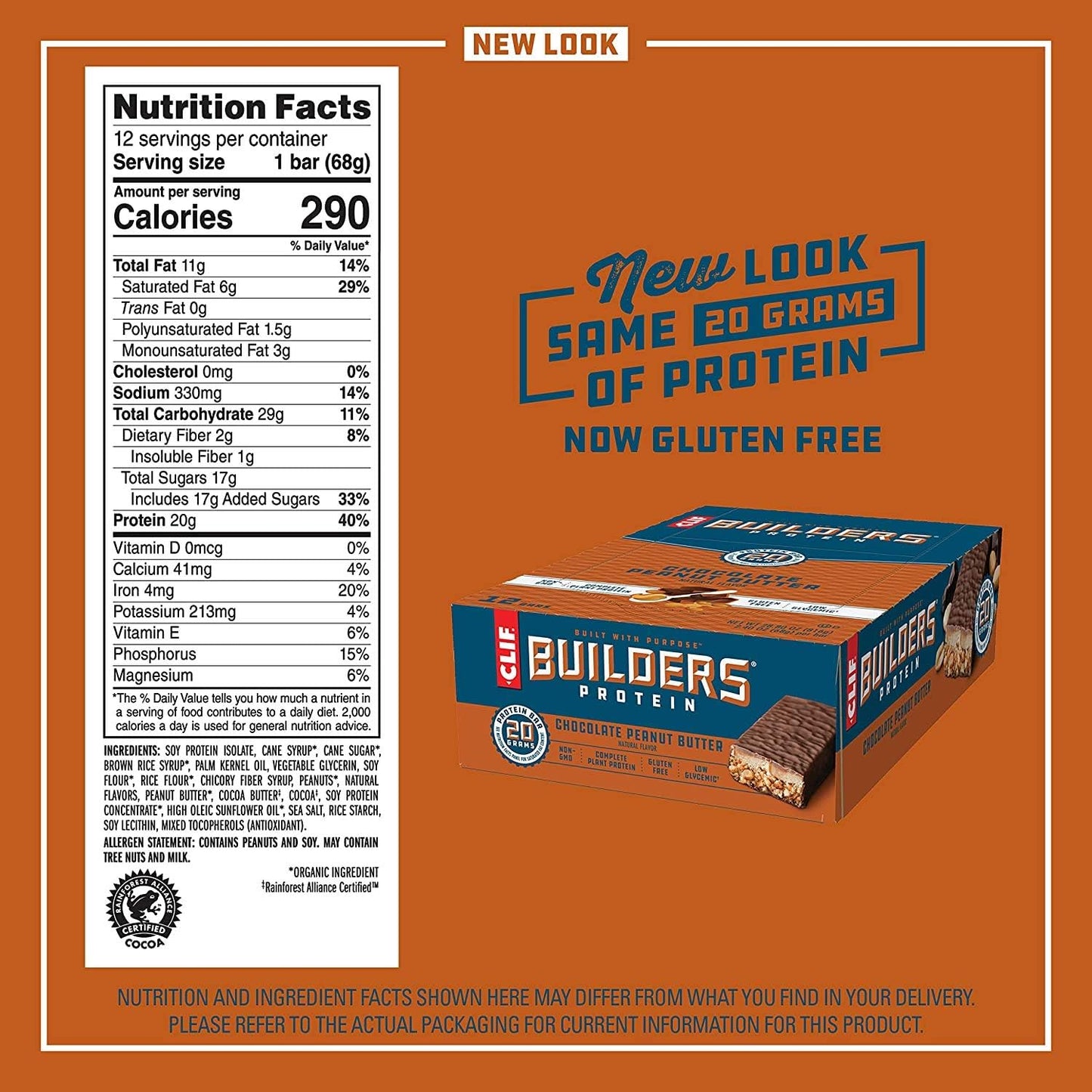 CLIF BUILDERS Protein Bars - Chocolate Peanut Butter Flavor - 20g Protein - 2.4oz, 12 Count - Gluten Free