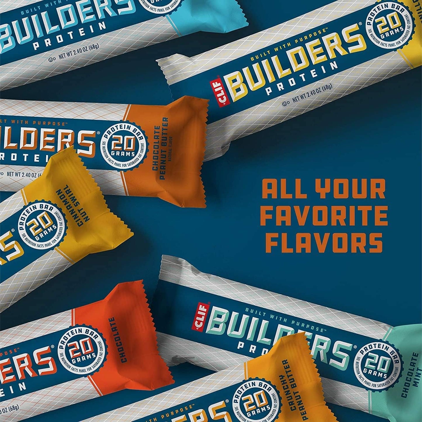 CLIF BUILDERS Protein Bars - Chocolate Peanut Butter Flavor - 20g Protein - 2.4oz, 12 Count - Gluten Free