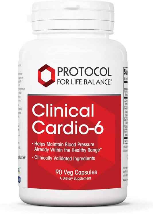 Clinical Cardio-6 Supplement - Heart Health & Blood Pressure Support - L-Carnitine, Hawthorn, Grape Seed, CoQ10 - 90 Veg Capsules - Soy & Dairy Free