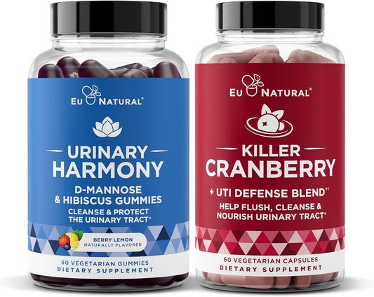 Clinical Strength Eu Natural Urinary Tract Duo: Cranberry Capsules & Harmony Gummies - UT Defense with D-Mannose, Hibiscus, Pine Bark, Propolis, Vitamin D