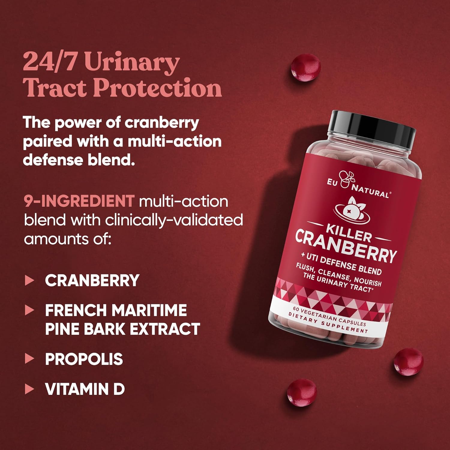 Clinical Strength Eu Natural Urinary Tract Duo: Cranberry Capsules & Harmony Gummies - UT Defense with D-Mannose, Hibiscus, Pine Bark, Propolis, Vitamin D