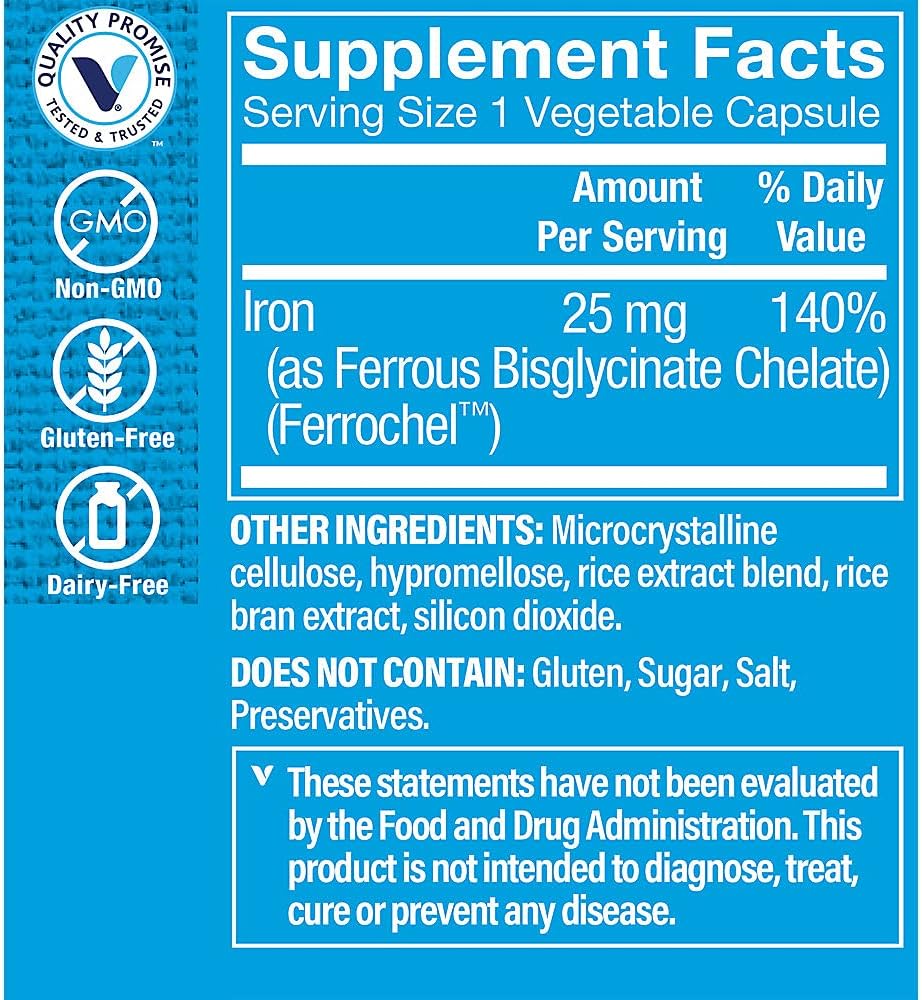 Clinically Studied Iron Bisglycinate Supplement for Energy & Immune Support - 90 Veggie Capsules