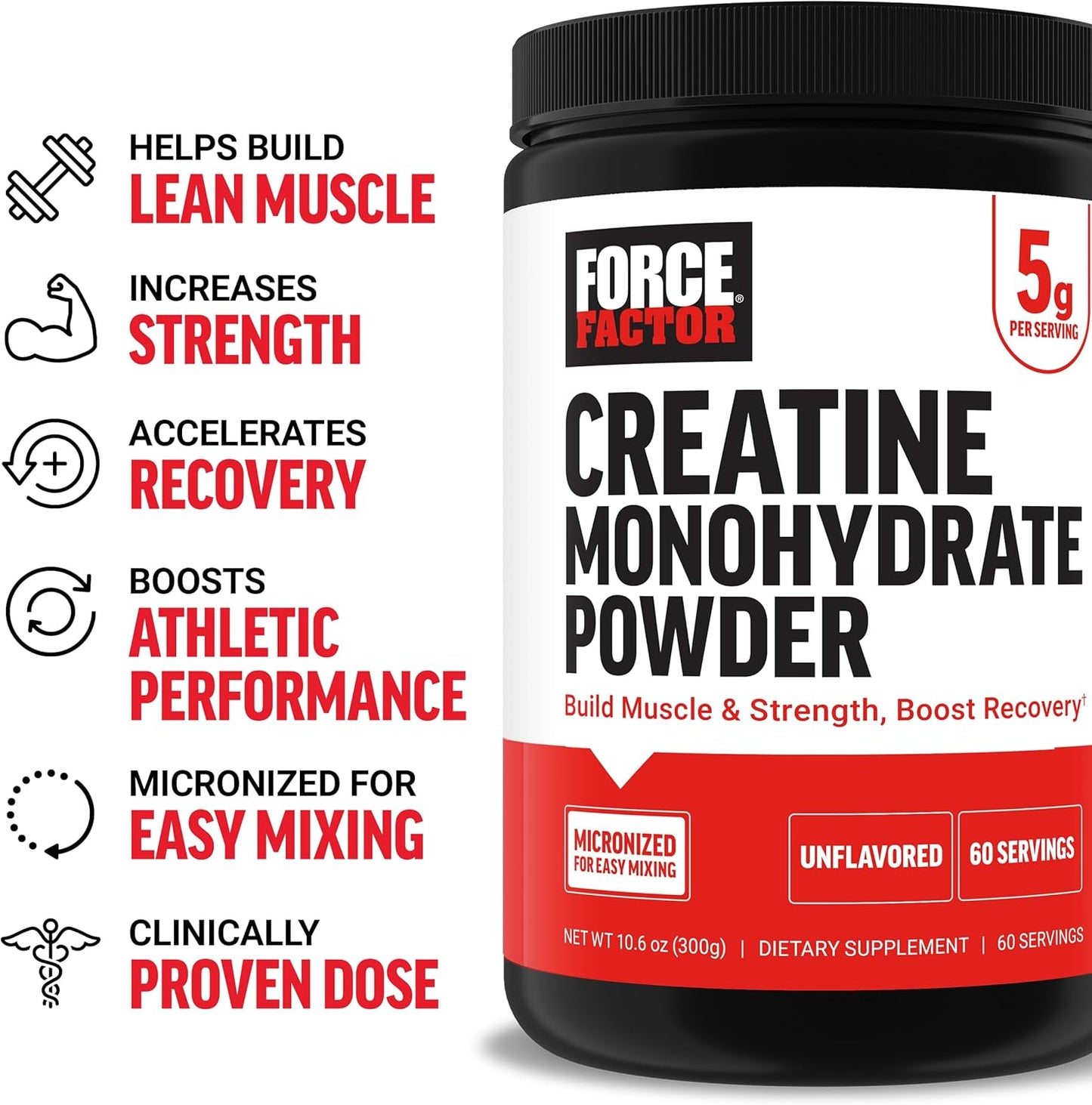 Clinically Studied Micronized Creatine Monohydrate Powder for Muscle Gain and Strength, 5g Dose, Unflavored - 60 Servings