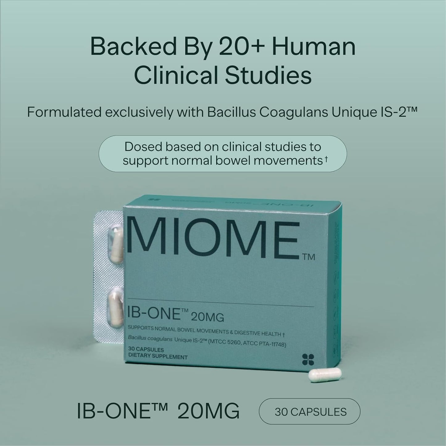 Clinically Studied MIOME IB-ONE Probiotic for IBS Relief - Unique Bacillus Coagulans IS-2 Supplement - Low FODMAP, Gluten Free - 30 Capsules