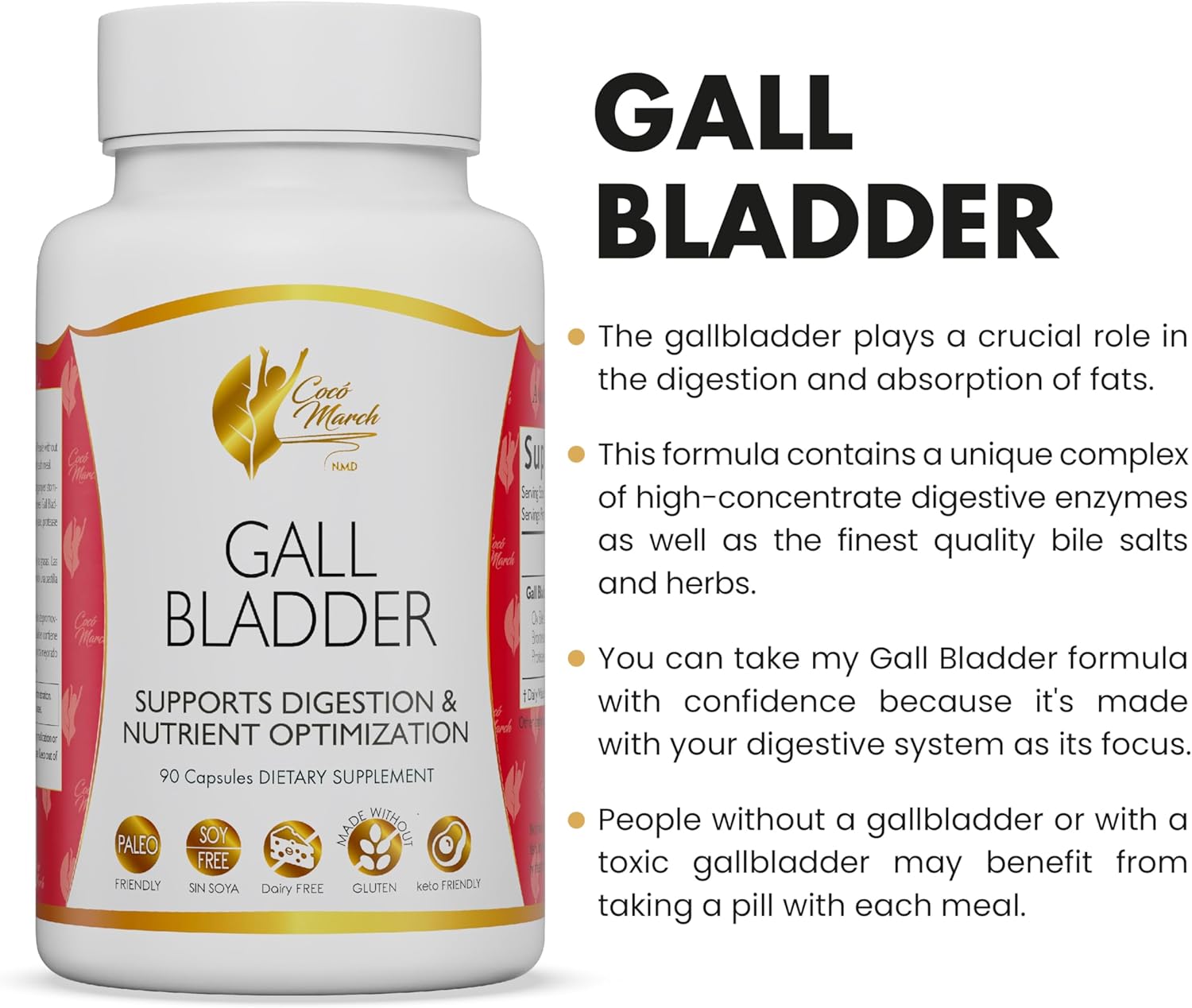Cocó March Gall Bladder Formula - Supports Digestion Post-Surgery - Gluten, Soy, Dairy Free - Keto, Paleo Friendly - 90 Capsules