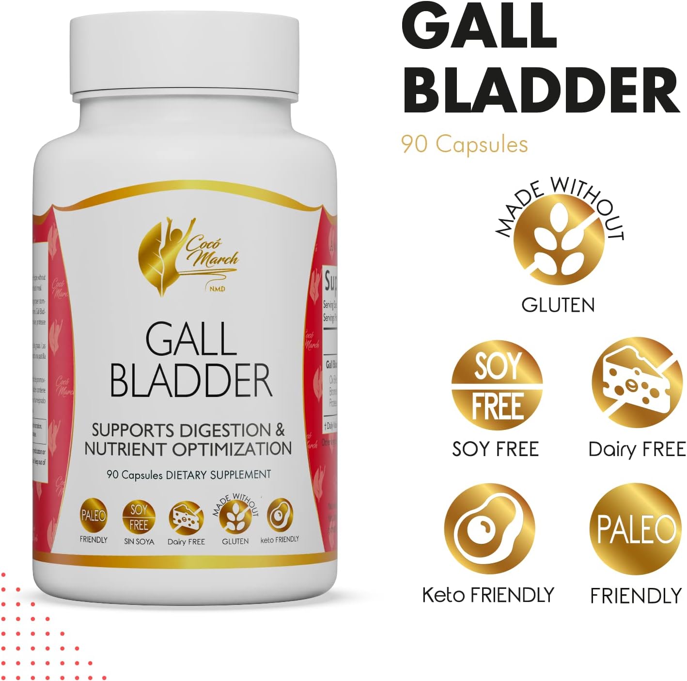 Cocó March Gall Bladder Formula - Supports Digestion Post-Surgery - Gluten, Soy, Dairy Free - Keto, Paleo Friendly - 90 Capsules
