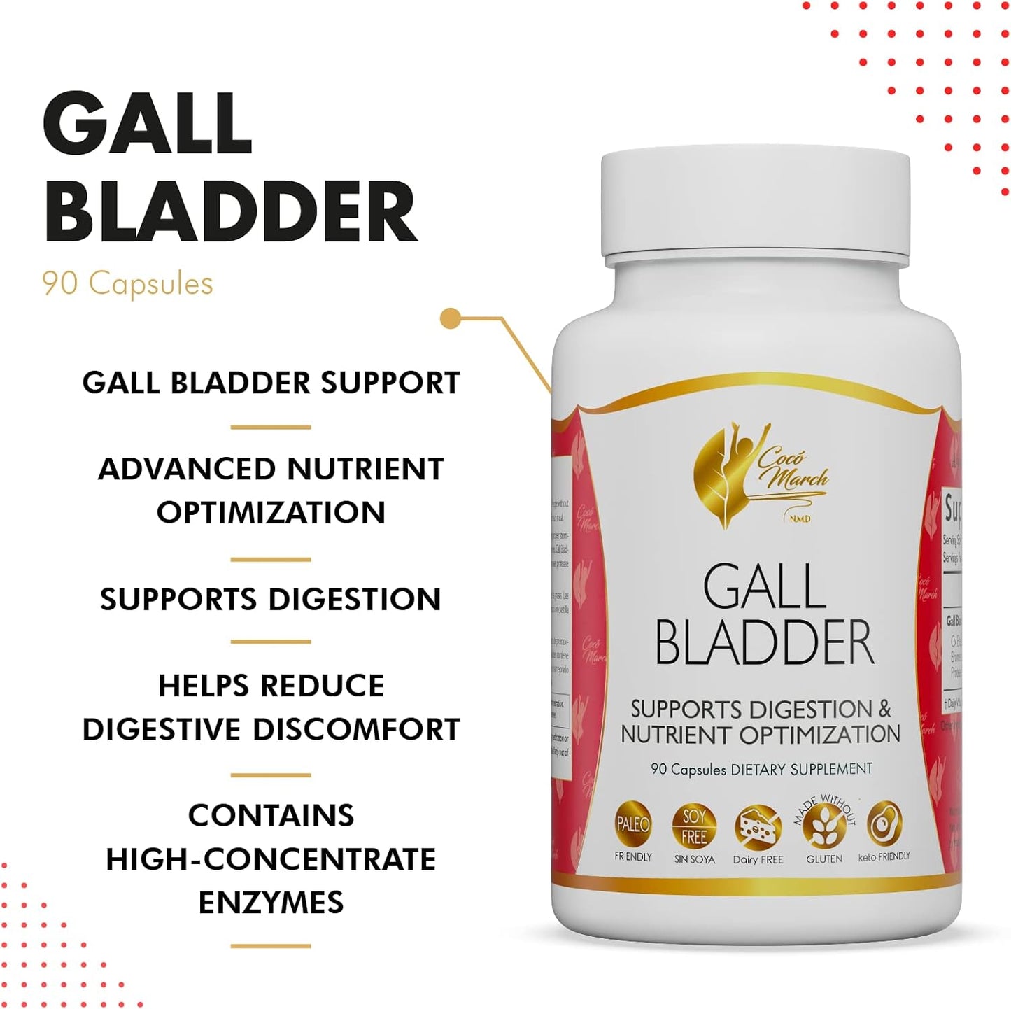 Cocó March Gall Bladder Formula - Supports Digestion Post-Surgery - Gluten, Soy, Dairy Free - Keto, Paleo Friendly - 90 Capsules