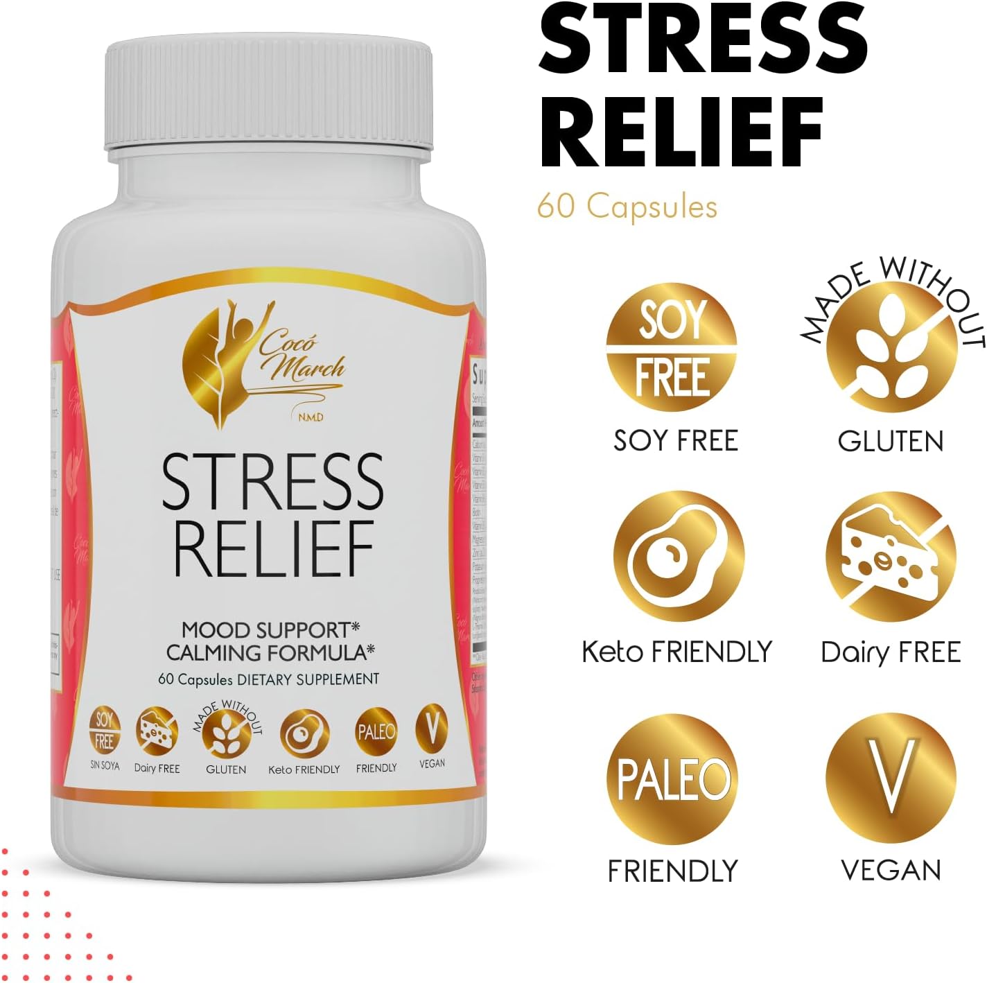 Cocó March N.M.D Stress Relief Capsules - Plant-Based & Vitamin-Rich Formula - Soy, Gluten, Dairy, and Keto Friendly - 60 Count