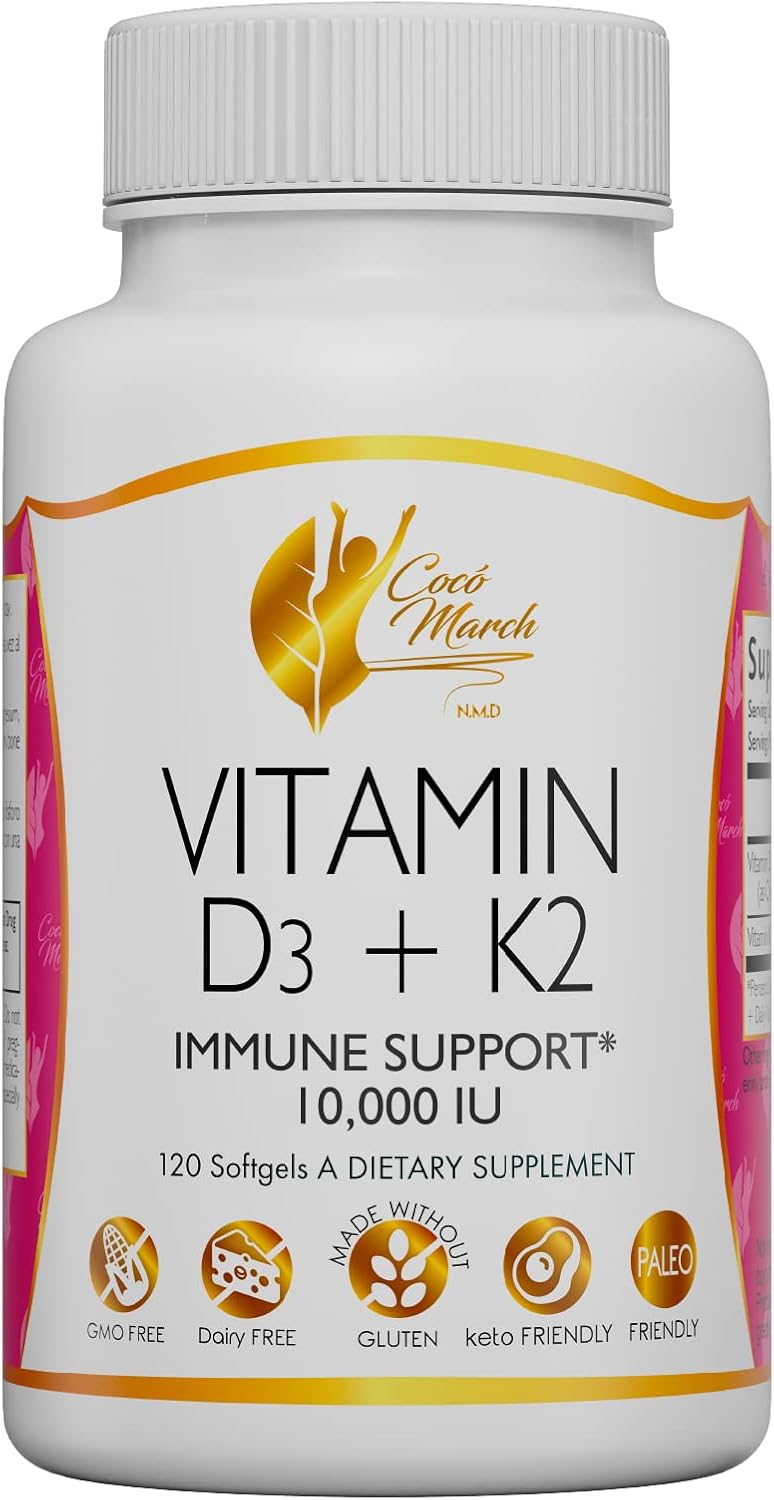 Cocó March N.M.D Vitamin D3+K2 10,000 IU - 4 Month Supply for Immune & Joint Health - Gluten Free, GMO Free, Dairy Free, Keto & Paleo Friendly