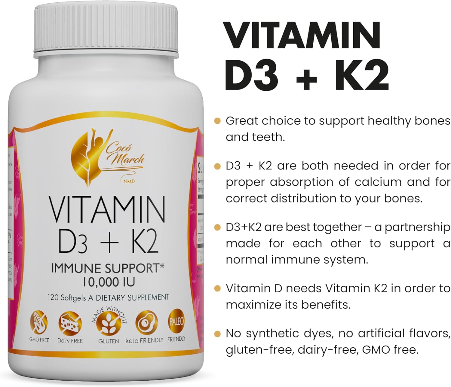 Cocó March N.M.D Vitamin D3+K2 10,000 IU - 4 Month Supply for Immune & Joint Health - Gluten Free, GMO Free, Dairy Free, Keto & Paleo Friendly