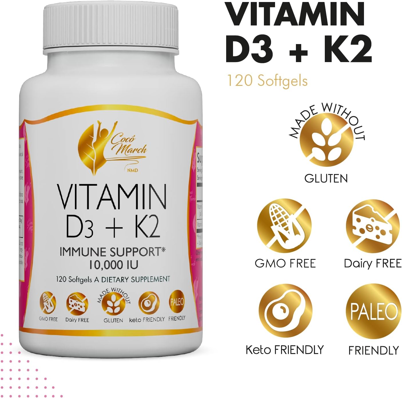 Cocó March N.M.D Vitamin D3+K2 10,000 IU - 4 Month Supply for Immune & Joint Health - Gluten Free, GMO Free, Dairy Free, Keto & Paleo Friendly