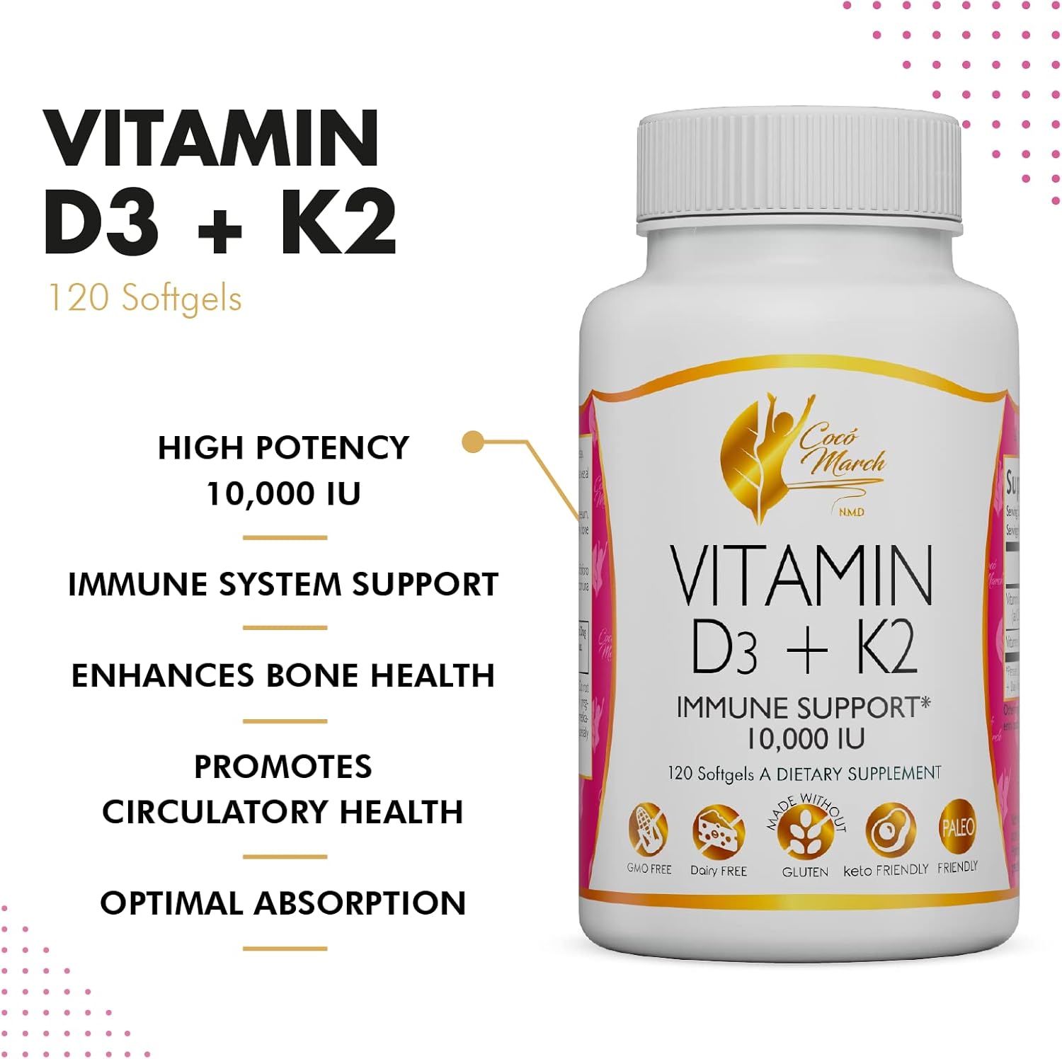 Cocó March N.M.D Vitamin D3+K2 10,000 IU - 4 Month Supply for Immune & Joint Health - Gluten Free, GMO Free, Dairy Free, Keto & Paleo Friendly