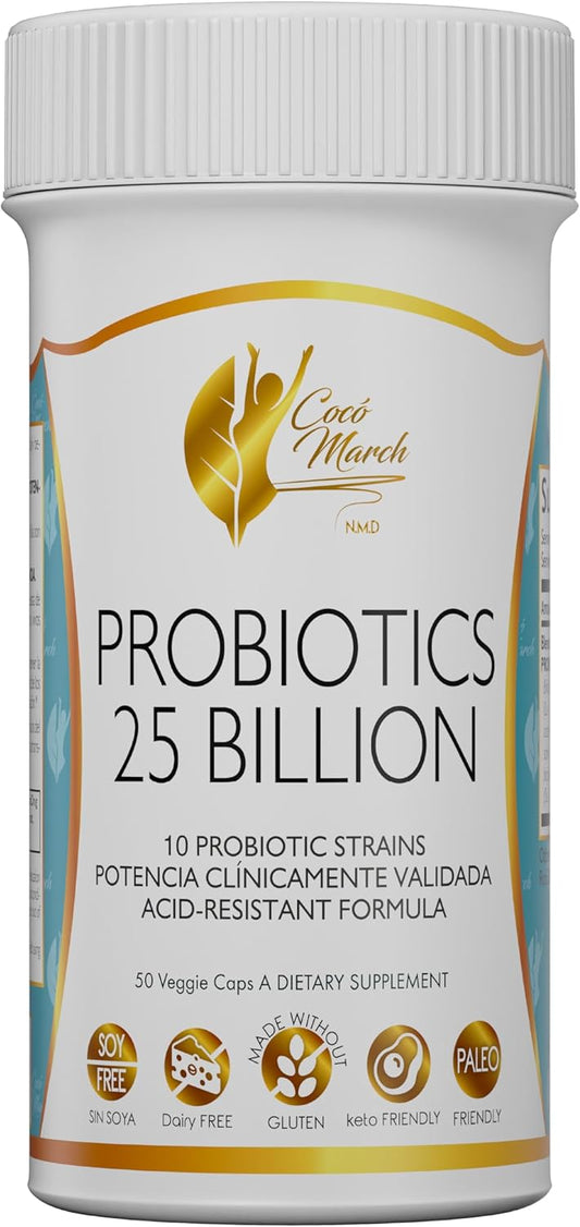 Cocó March Probiotic 25 Billion - High Potency Formula with 10 Strains for Adults & Children - Gluten, Dairy, Soy Free - 30 Capsules