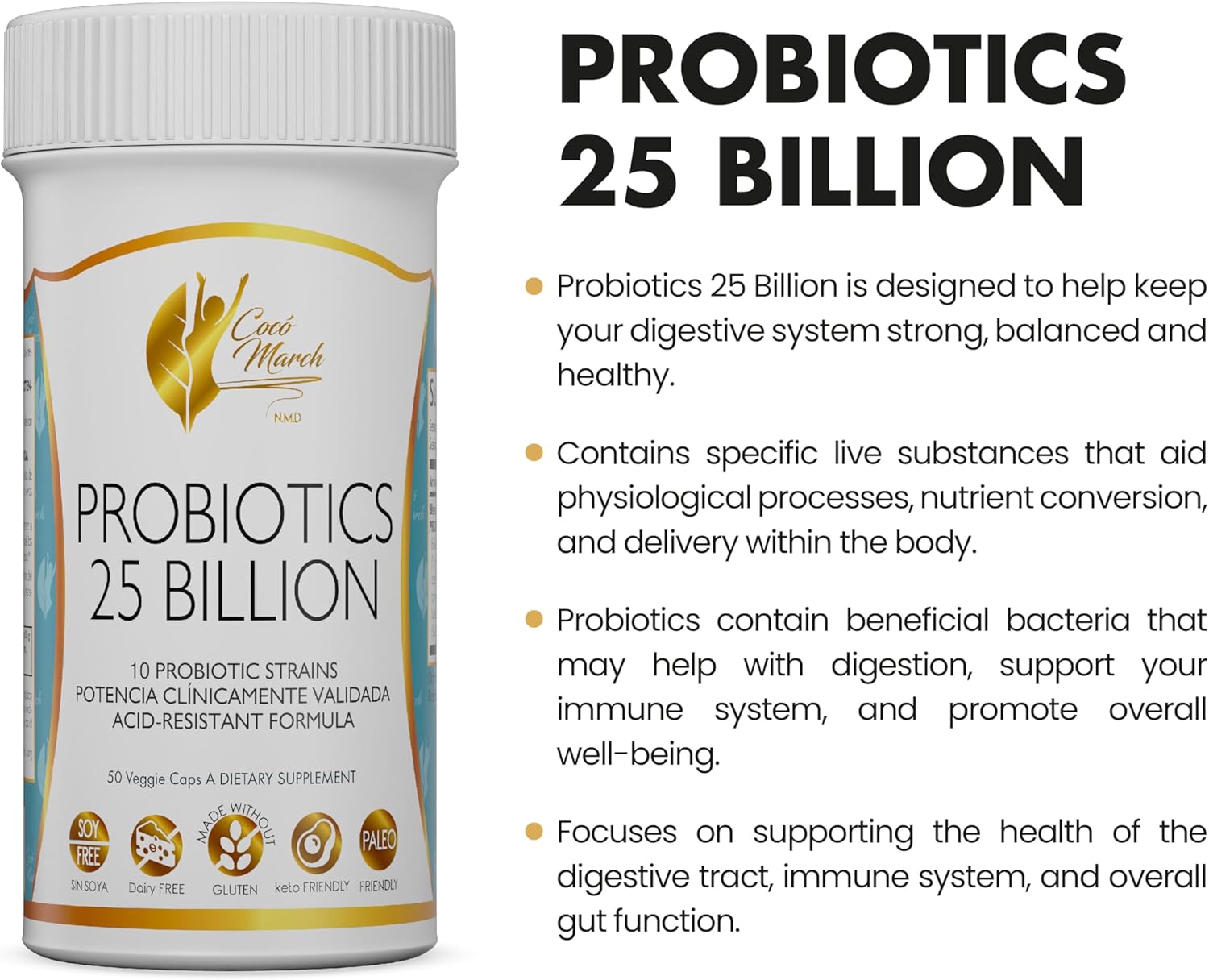 Cocó March Probiotic 25 Billion - High Potency Formula with 10 Strains for Adults & Children - Gluten, Dairy, Soy Free - 30 Capsules
