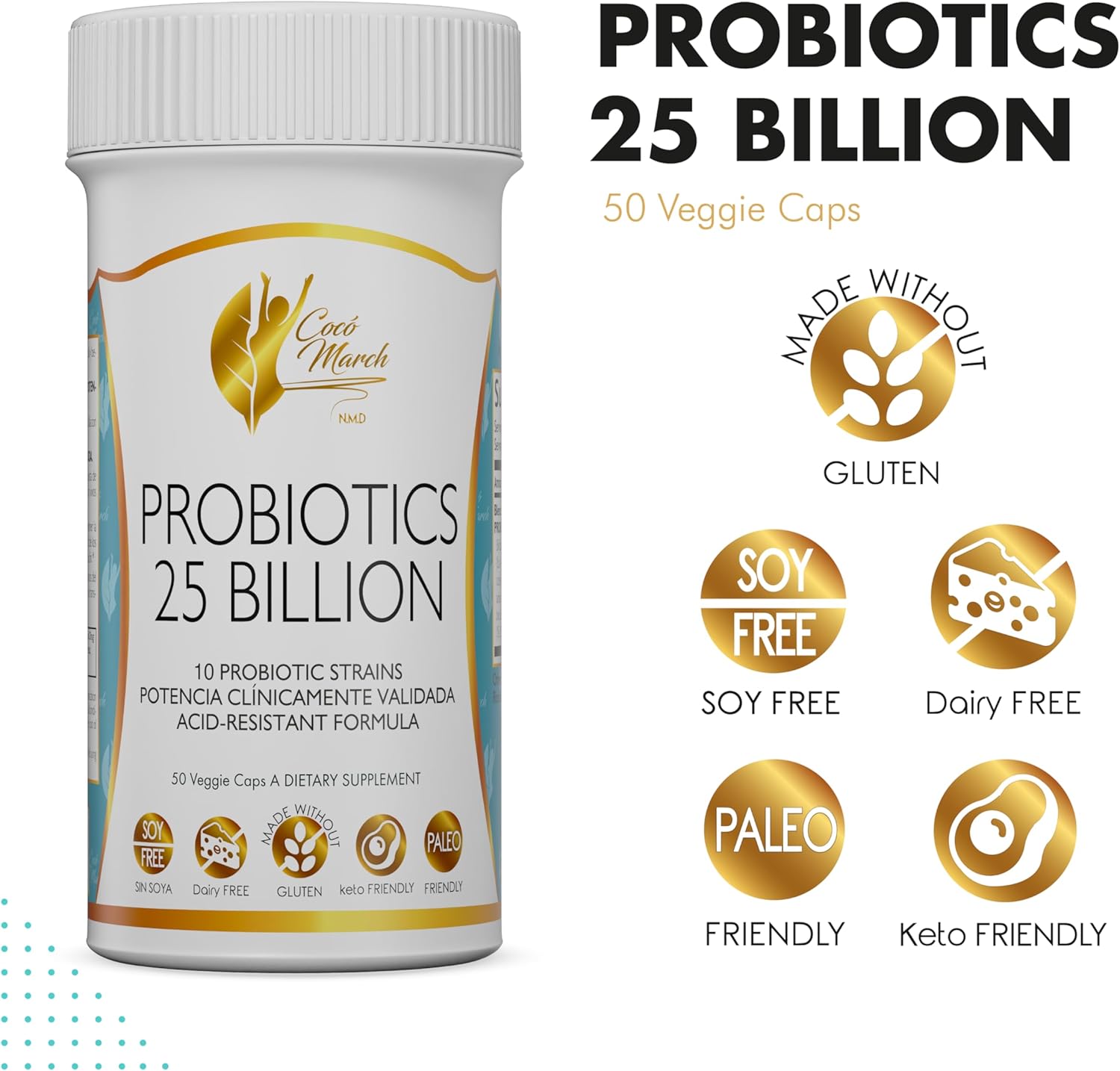 Cocó March Probiotic 25 Billion - High Potency Formula with 10 Strains for Adults & Children - Gluten, Dairy, Soy Free - 30 Capsules