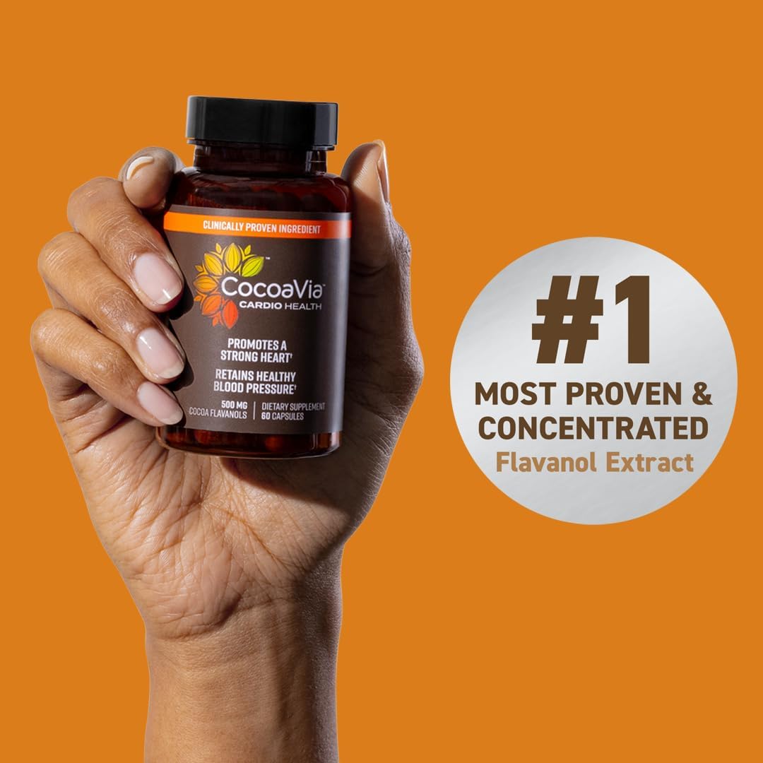 CocoaVia Cardio Health Supplement - 30 Day Supply, 500mg Cocoa Flavanols, Vegan Capsules for Heart Health, Nitric Oxide, Blood Circulation, and Energy Boost