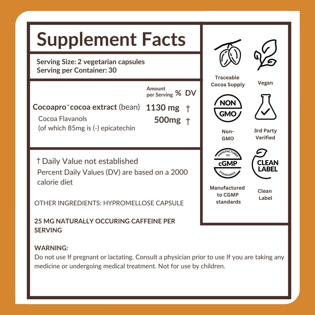 CocoaVia Cardio Health Supplement - 30 Day Supply, 500mg Cocoa Flavanols, Vegan Capsules for Heart Health, Nitric Oxide, Blood Circulation, and Energy Boost