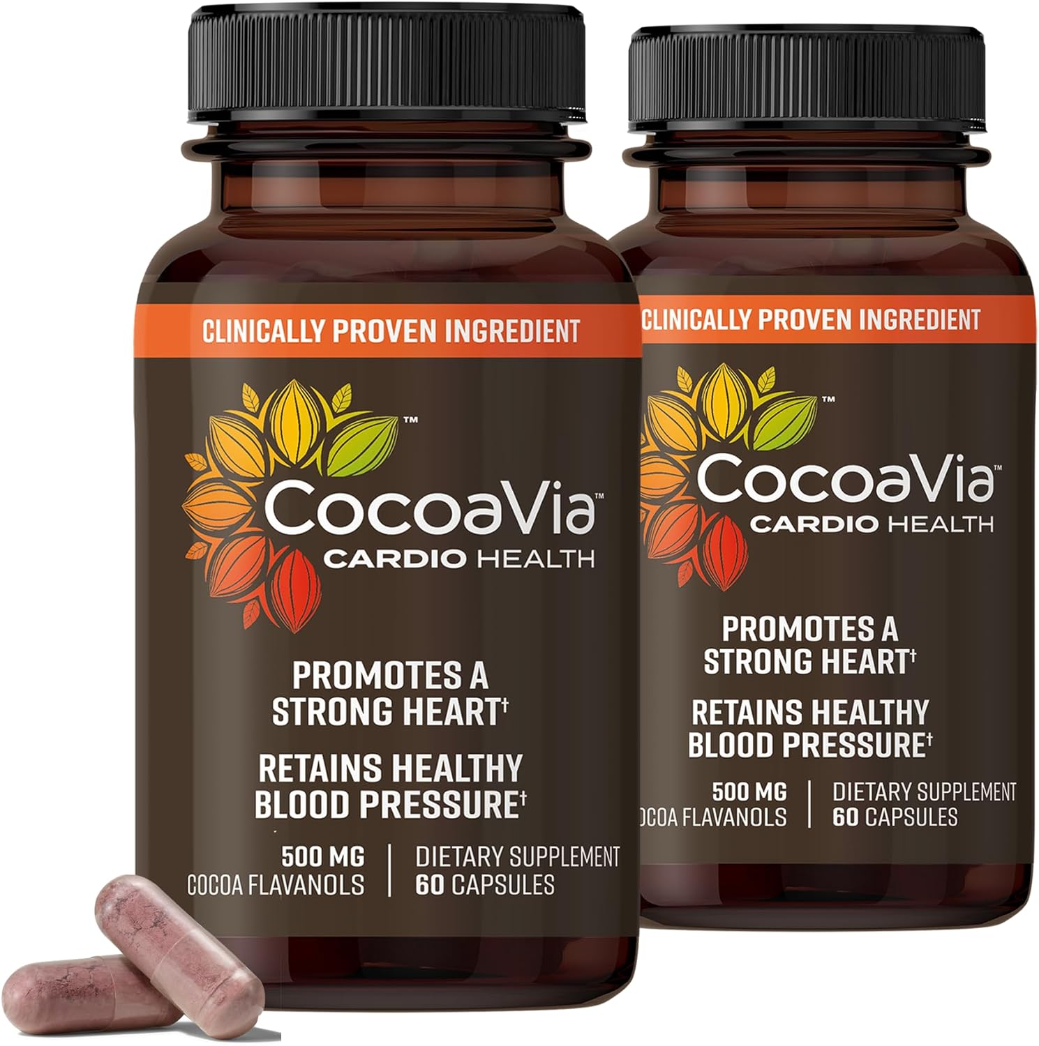 CocoaVia Cardio Health Supplement - 60 Day Supply with 500mg Cocoa Flavanols for Heart Health, Nitric Oxide Boost & Energy - Vegan Dark Chocolate Capsules