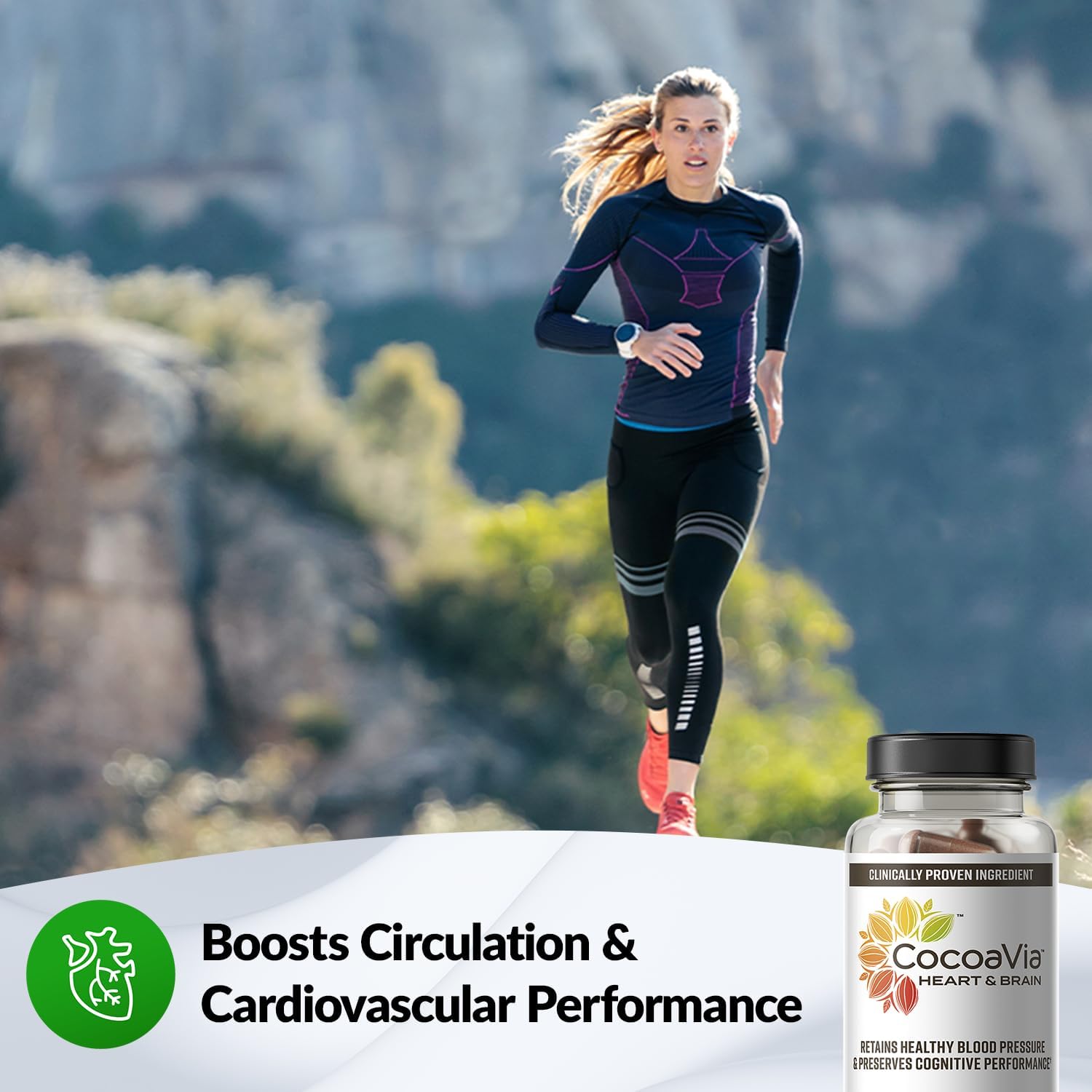 CocoaVia Heart & Brain Supplement: 30 Day Supply, Memory & Circulation Boost, Cocoa Flavanol Extract, Nitric Oxide, Energy & Oxygen Support - 60 Capsules, Plant-Based, Gluten-Free, Vegan