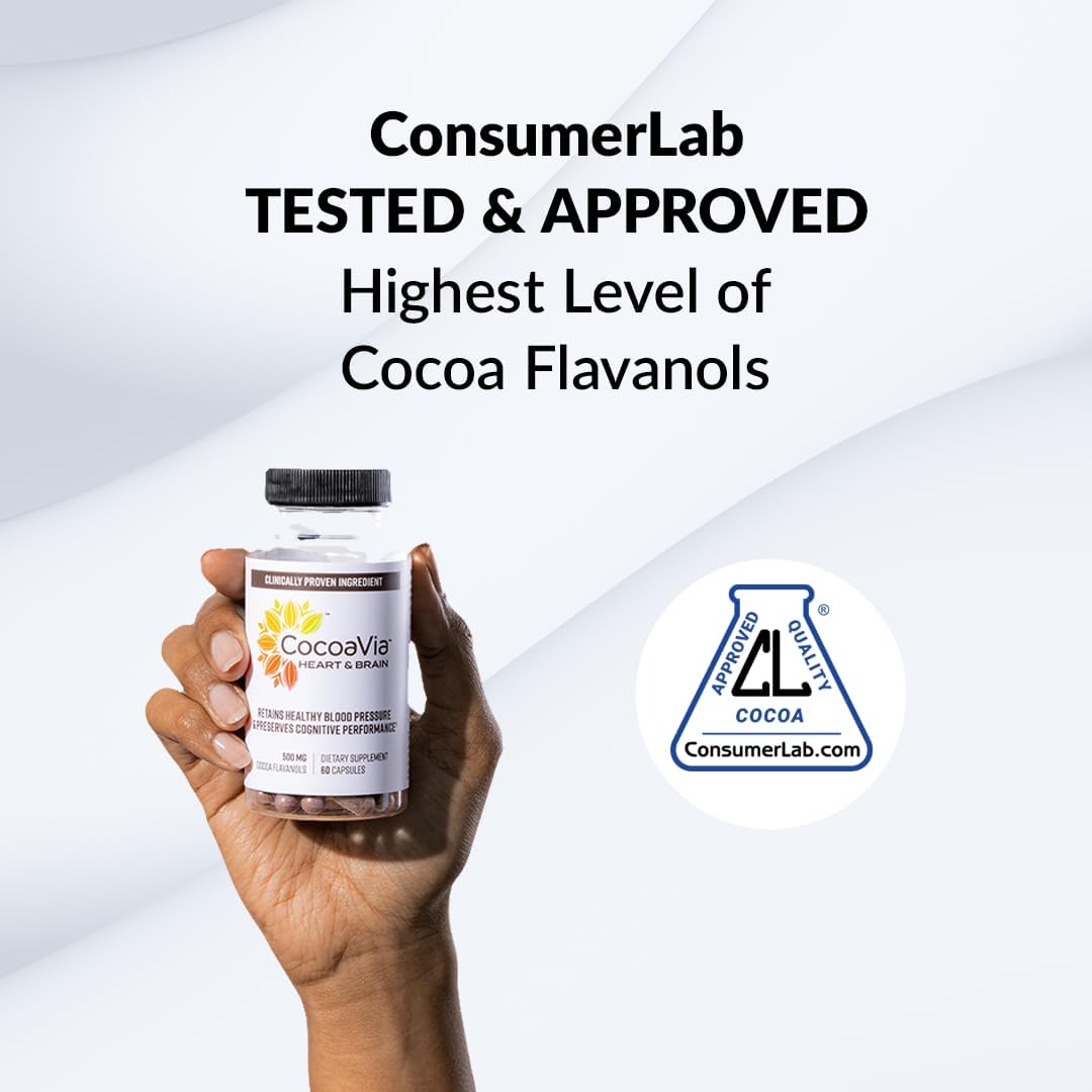 CocoaVia Heart & Brain Supplement: 30 Day Supply, Memory & Circulation Boost, Cocoa Flavanol Extract, Nitric Oxide, Energy & Oxygen Support - 60 Capsules, Plant-Based, Gluten-Free, Vegan