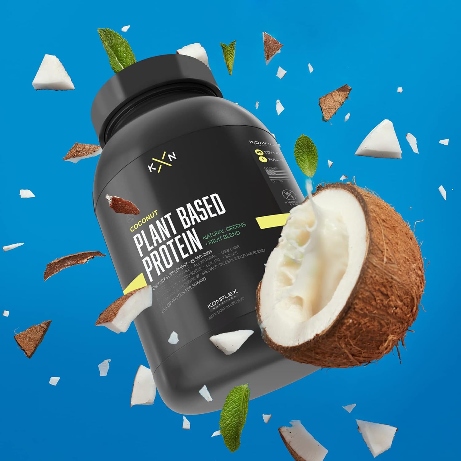 Coconut Flavored Plant-Based Protein Powder with 29 Natural Greens & Fruits - Vegan, Non-GMO, Zero Sugar Dietary Supplement (25 Servings)