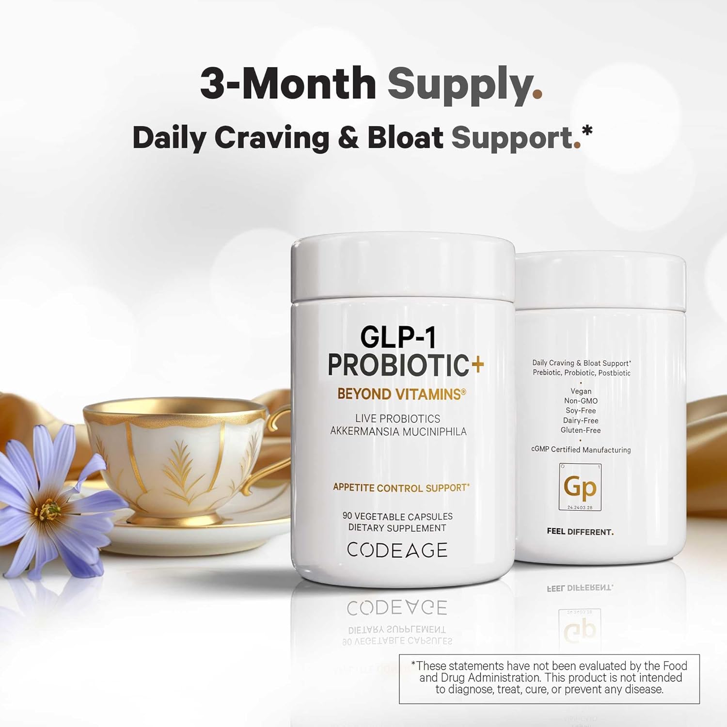 Codeage GLP-1 Probiotic+ - 500 Million AFU, 3-Month Supply - 90 Capsules - Live Probiotics with Akkermansia, Clostridium, Bifidobacterium, Chicory Inulin, Prebiotics & Postbiotics