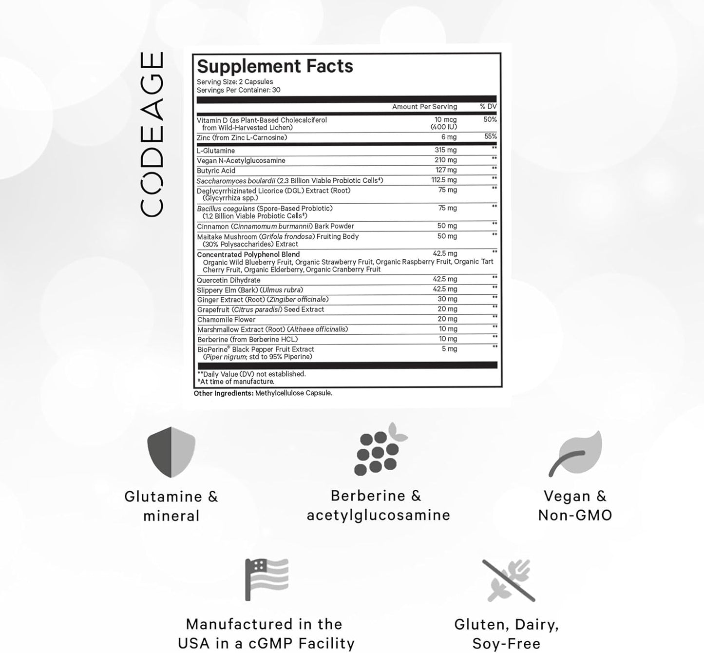Codeage Leaky Gut Support Supplement with L-Glutamine, Probiotics, and Herbal Extracts - 60 Capsules