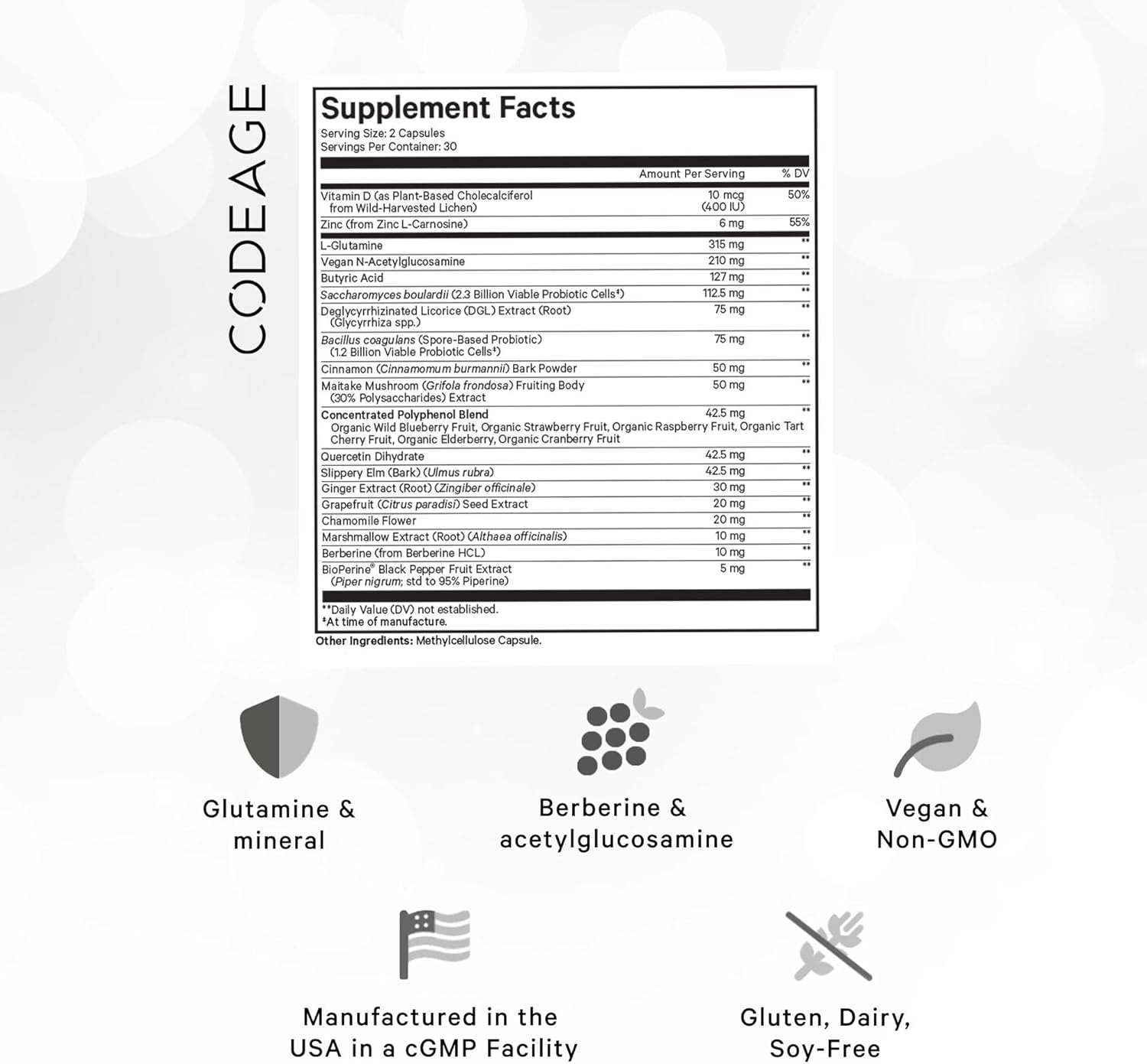 Codeage Leaky Gut Support Supplement with L-Glutamine, Probiotics, and Herbal Extracts - 60 Capsules
