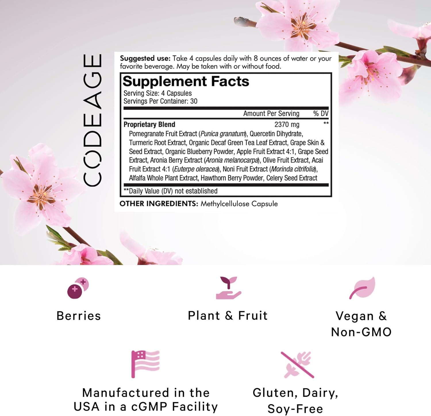Codeage Polyphenols Broad Spectrum Supplement - 15 Berry & Fruit Blend with Quercetin, Resveratrol, Pomegranate, Turmeric - 120 Capsules