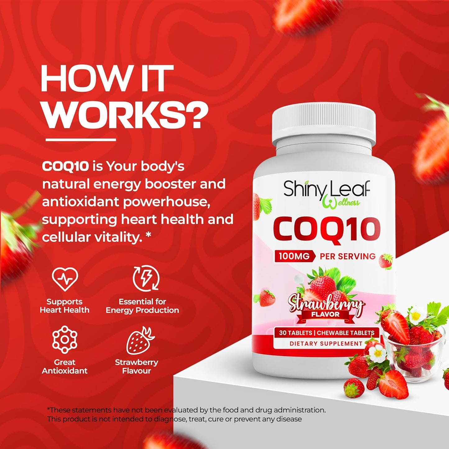 Coenzyme Q10 Supplement 100mg for Heart Health & Energy Boost - Fast-Absorbing Strawberry Tablets - Non-GMO, Gluten-Free - 30 Ct. USA-Made