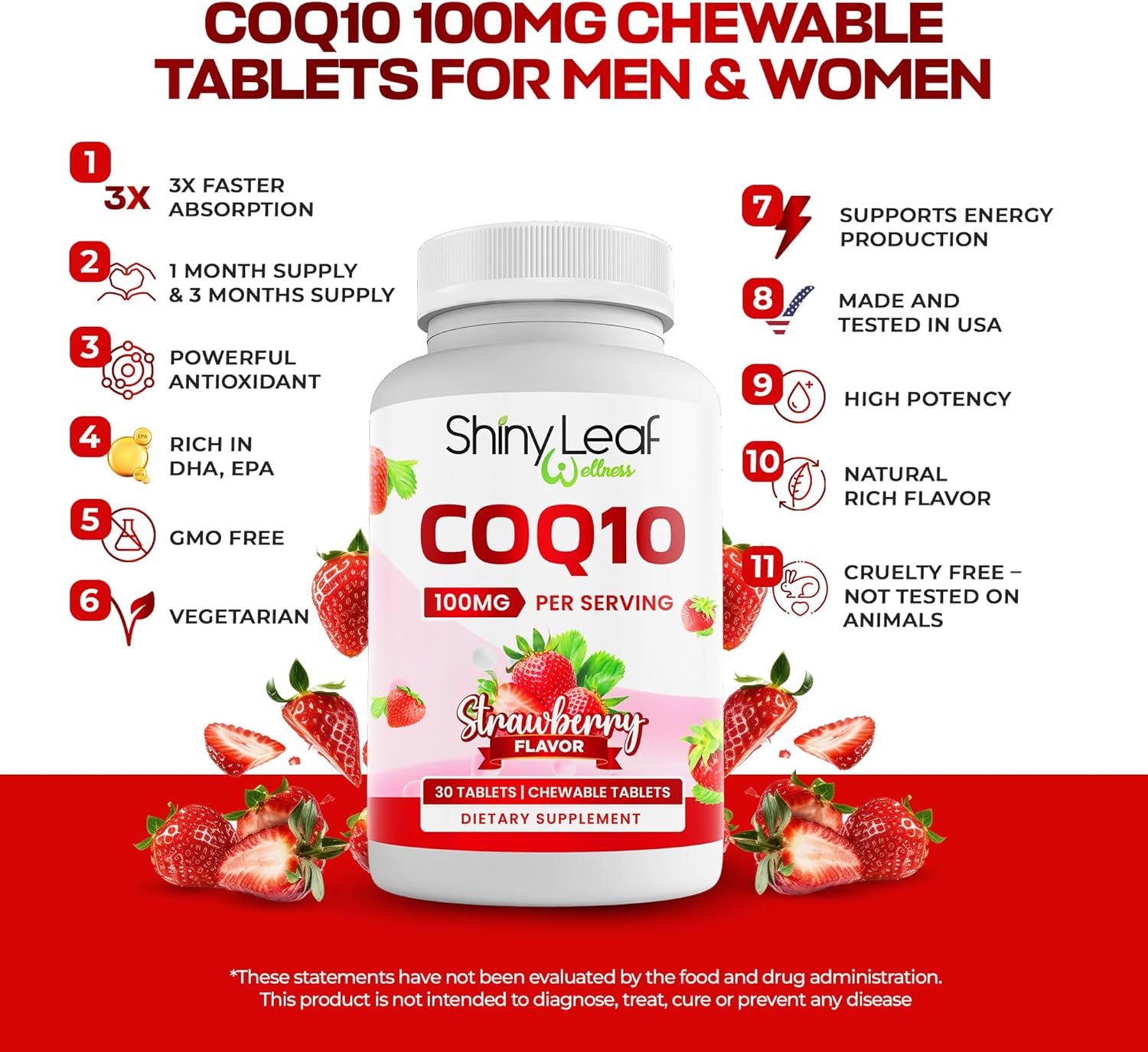 Coenzyme Q10 Supplement 100mg for Heart Health & Energy Boost - Fast-Absorbing Strawberry Tablets - Non-GMO, Gluten-Free - 30 Ct. USA-Made