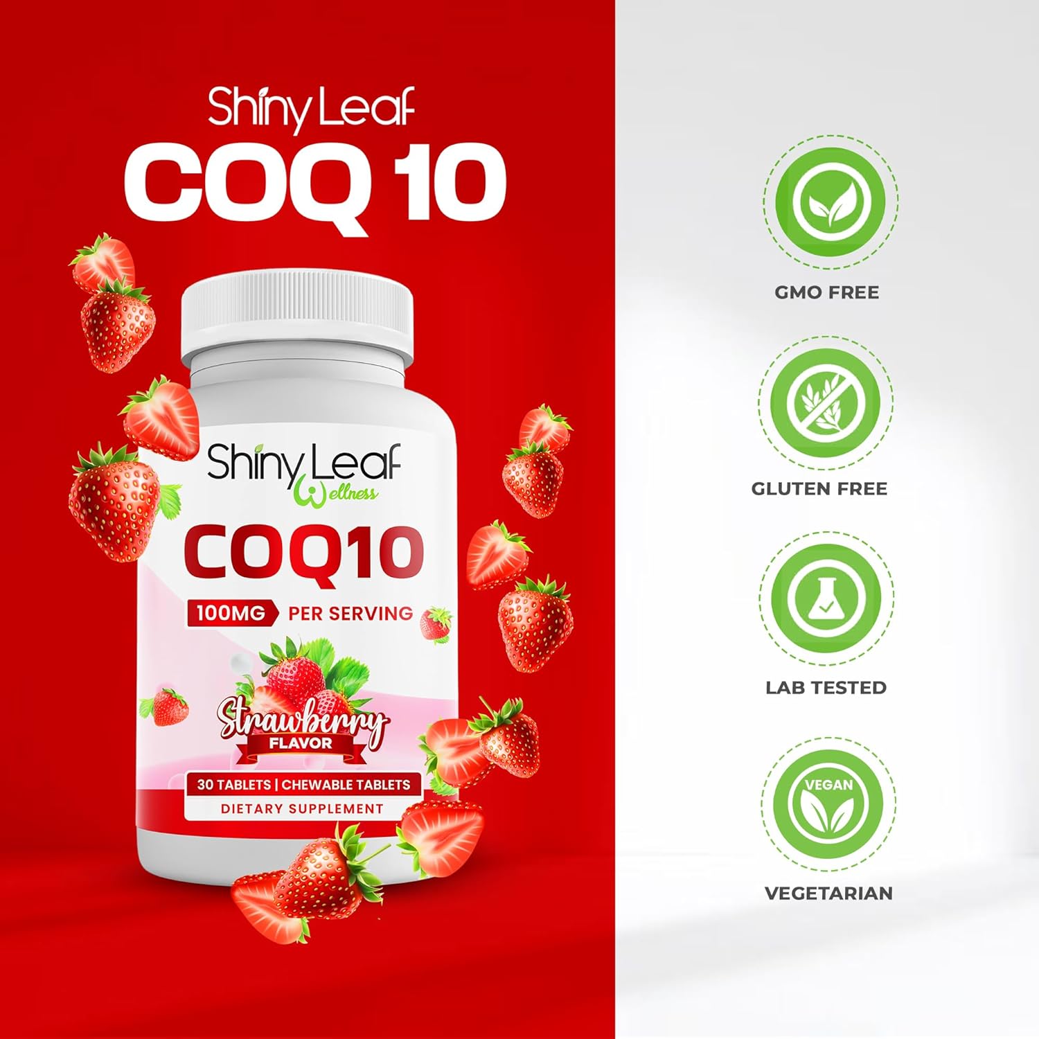 Coenzyme Q10 Supplement 100mg for Heart Health & Energy Boost - Fast-Absorbing Strawberry Tablets - Non-GMO, Gluten-Free - 30 Ct. USA-Made