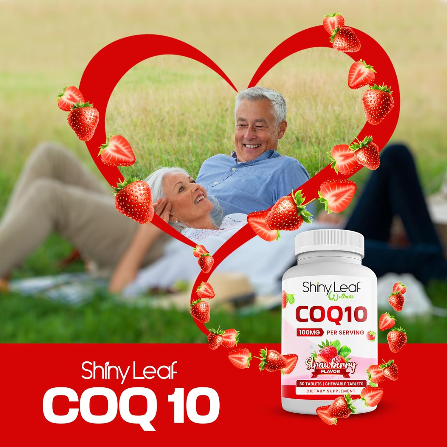 Coenzyme Q10 Supplement 100mg for Heart Health & Energy Boost - Fast-Absorbing Strawberry Tablets - Non-GMO, Gluten-Free - 30 Ct. USA-Made