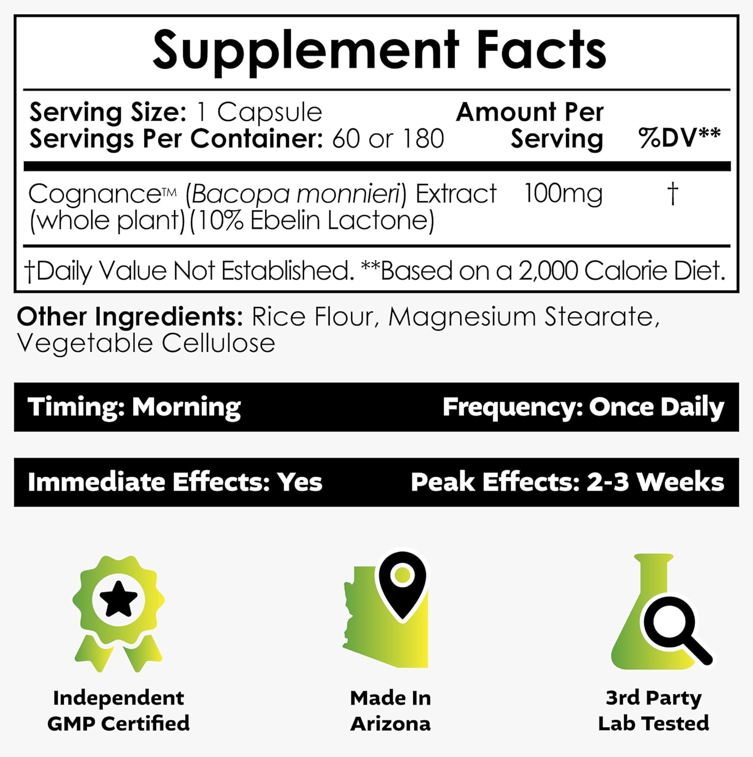 Cognance Enhanced Bacopa Capsules | 100mg | Bacopa Monnieri | Mood & Memory Support | 180 Capsules