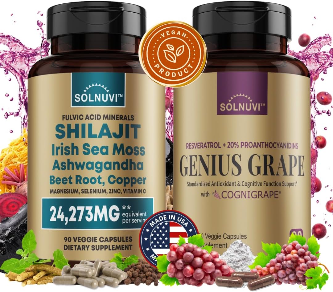 Cognigrape Red Grape Extract with Resveratrol & Shilajit Minerals - Cognitive Wellness Bundle with Sea Moss & Ashwagandha - Non-GMO, Vegan, Gluten-Free