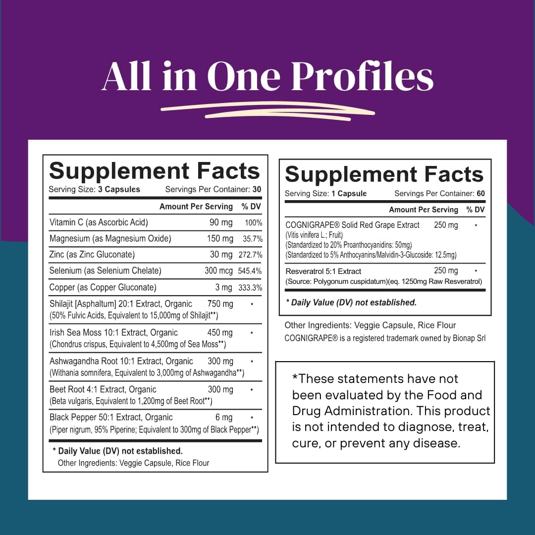 Cognigrape Red Grape Extract with Resveratrol & Shilajit Minerals - Cognitive Wellness Bundle with Sea Moss & Ashwagandha - Non-GMO, Vegan, Gluten-Free