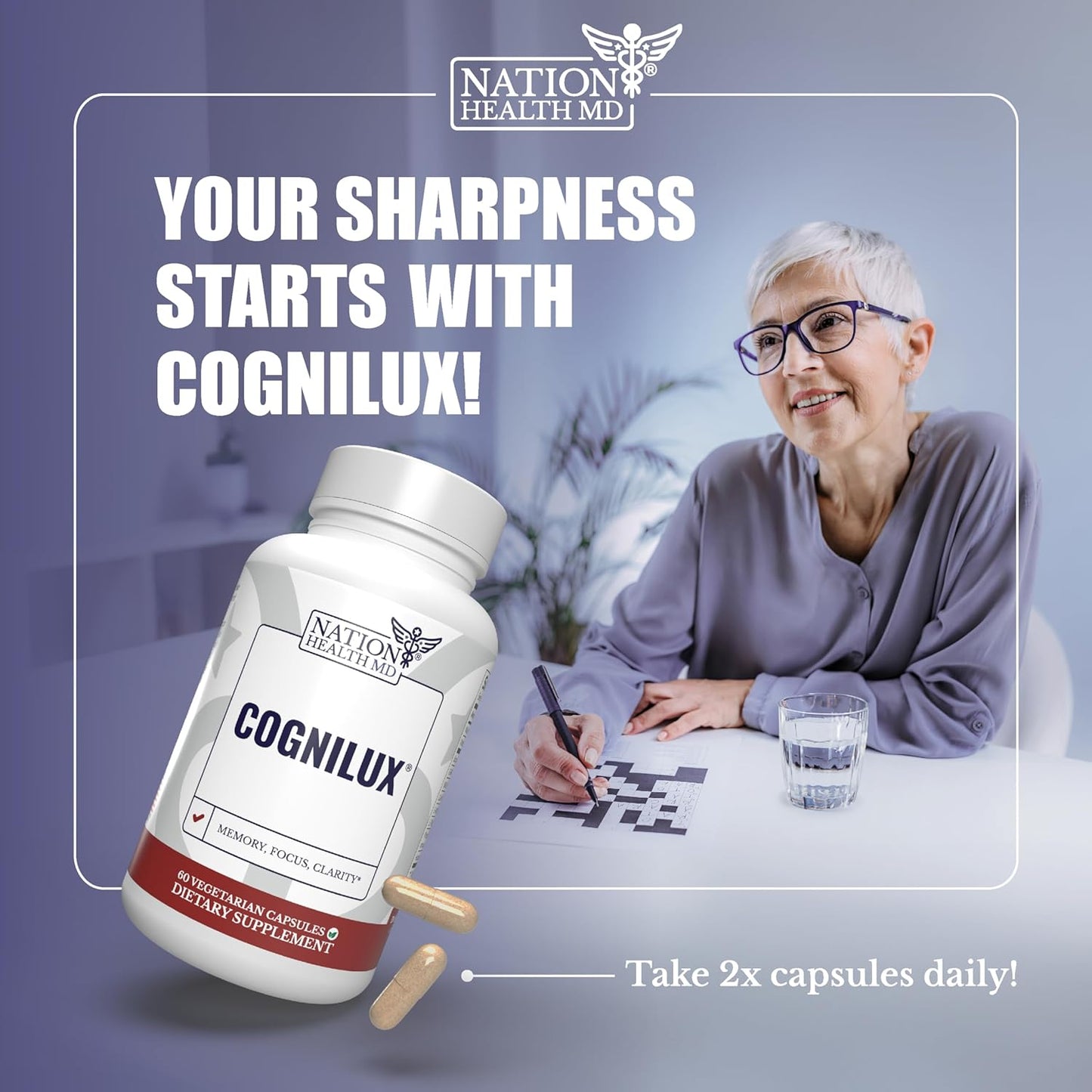 Cognilux Brain Supplements - Memory and Focus Nootropic with Niacin, Vitamin B6, GABA - Brain Health Support, 60 Capsules