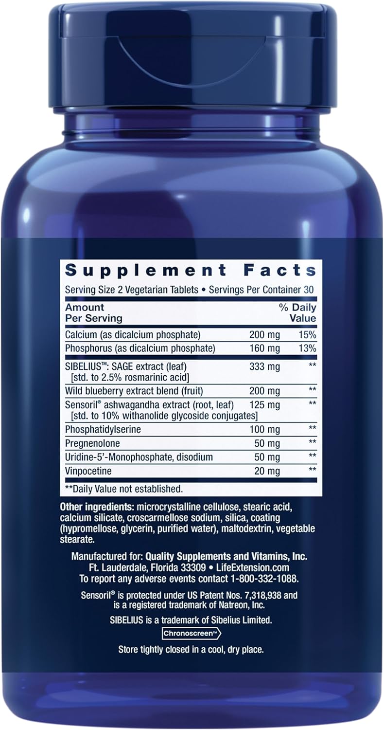 Cognitex Elite Pregnenolone Brain Health Supplement with Phosphatidylserine, Ashwagandha, Sage Extract, and More - 60 Vegetarian Tablets for Memory, Focus, and Cognition