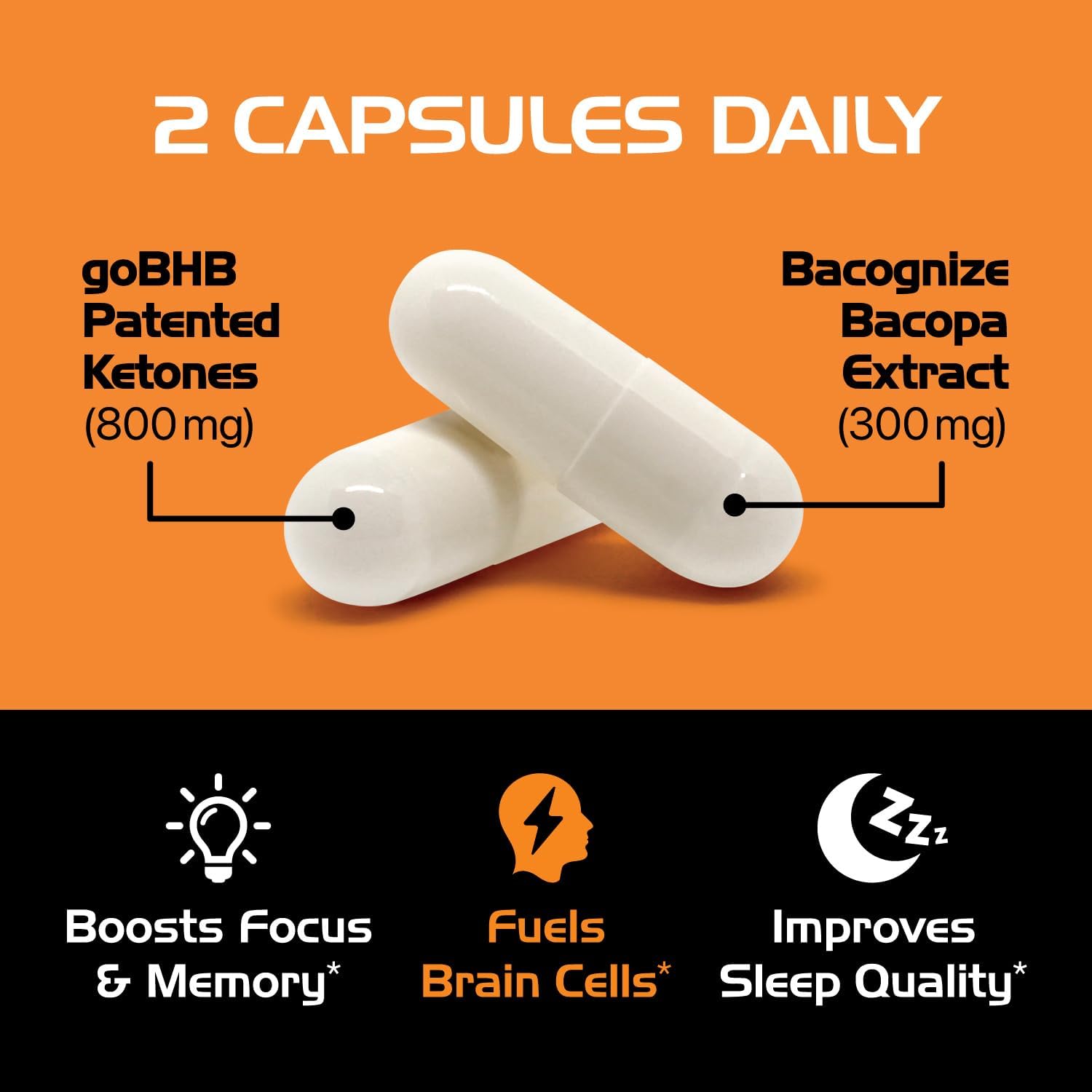 Cognitive Support Supplement with Bacopa Monnieri & goBHB - Real Ketones Brain Booster for Focus - Clinically Validated Nootropics - 3rd Party Tested (30 Servings)