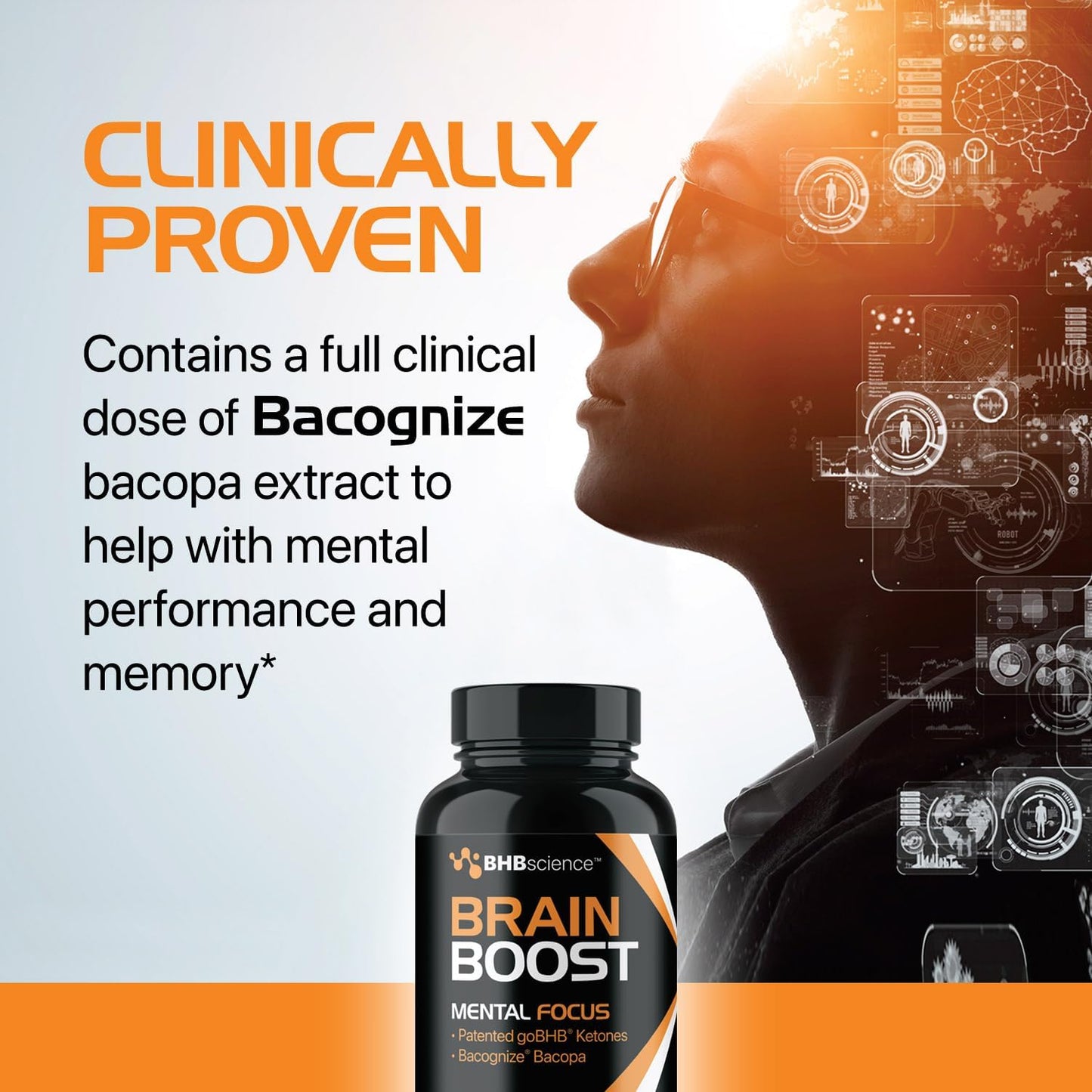 Cognitive Support Supplement with Bacopa Monnieri & goBHB - Real Ketones Brain Booster for Focus - Clinically Validated Nootropics - 3rd Party Tested (30 Servings)