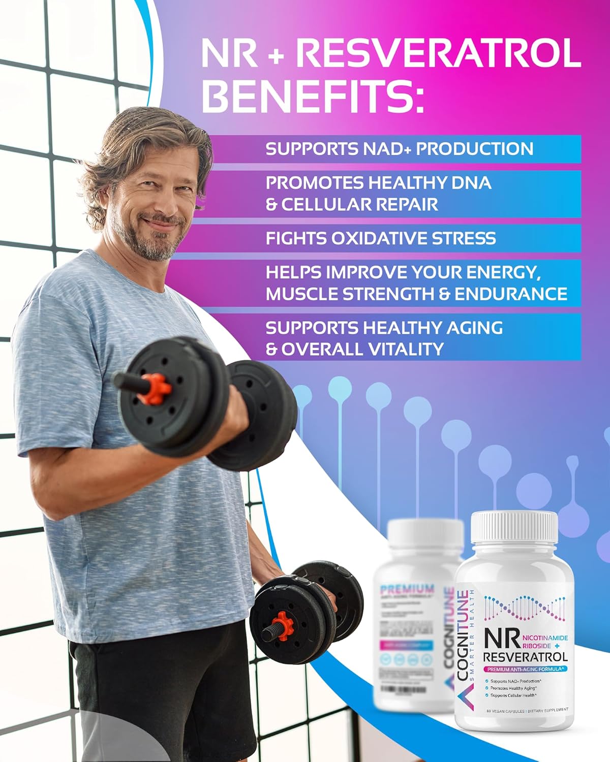CogniTune NR + Resveratrol Supplement - Boost NAD Levels, Enhance Cellular Health & Longevity - Anti Aging Formula with Nicotinamide Riboside, Trans Resveratrol, Vitamin C & Antioxidants