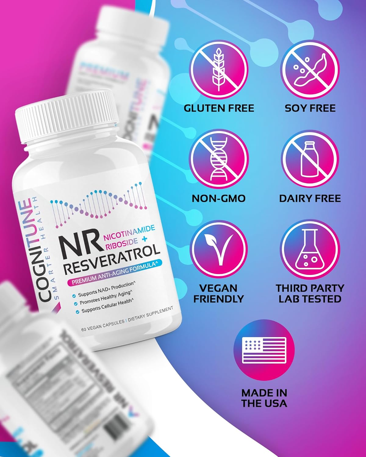 CogniTune NR + Resveratrol Supplement - Boost NAD Levels, Enhance Cellular Health & Longevity - Anti Aging Formula with Nicotinamide Riboside, Trans Resveratrol, Vitamin C & Antioxidants